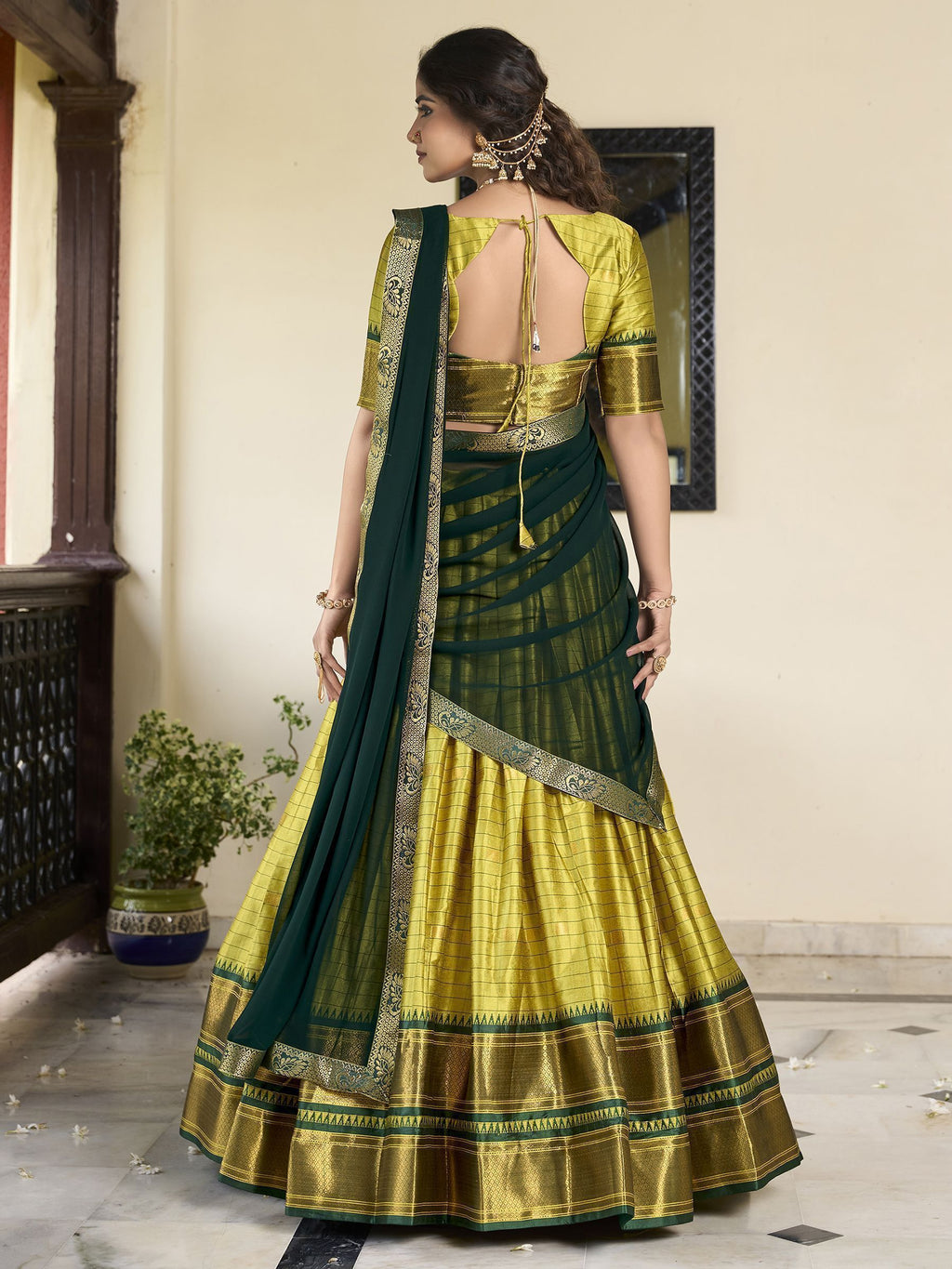 Green cotton silk paithani weaving work lehenga choli with dupatta