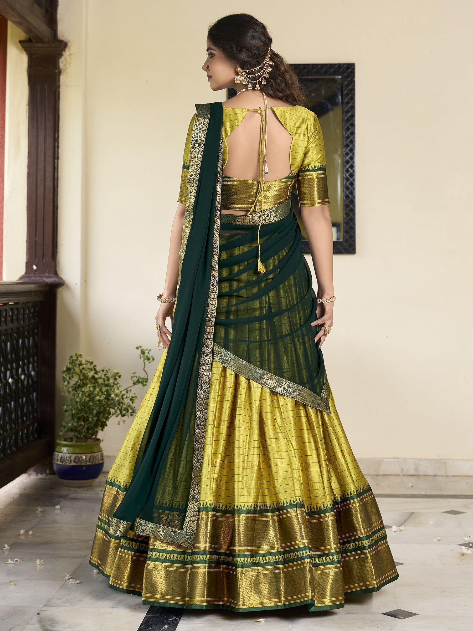 Green cotton silk paithani weaving work lehenga choli with dupatta