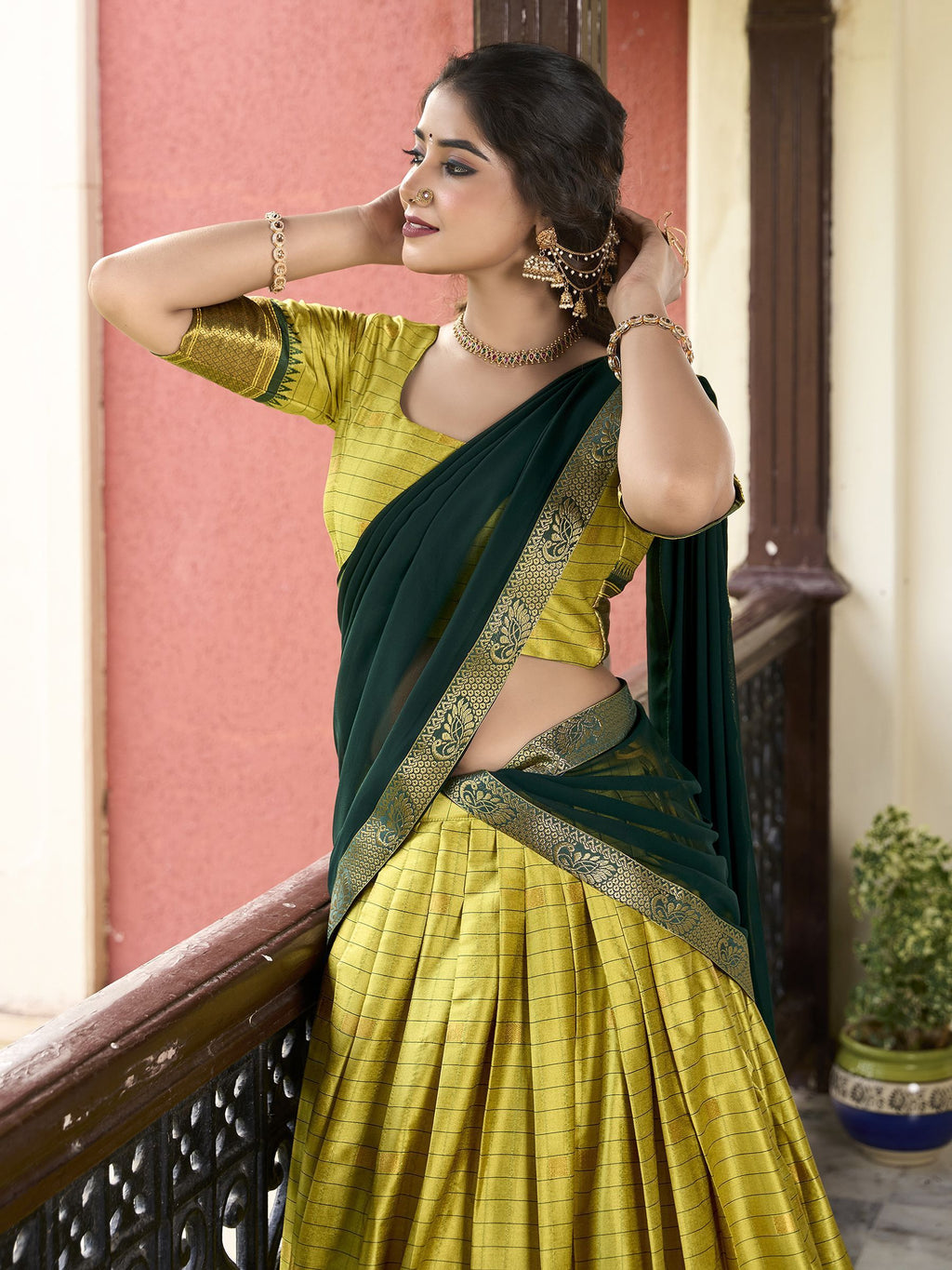 Green cotton silk paithani weaving work lehenga choli with dupatta