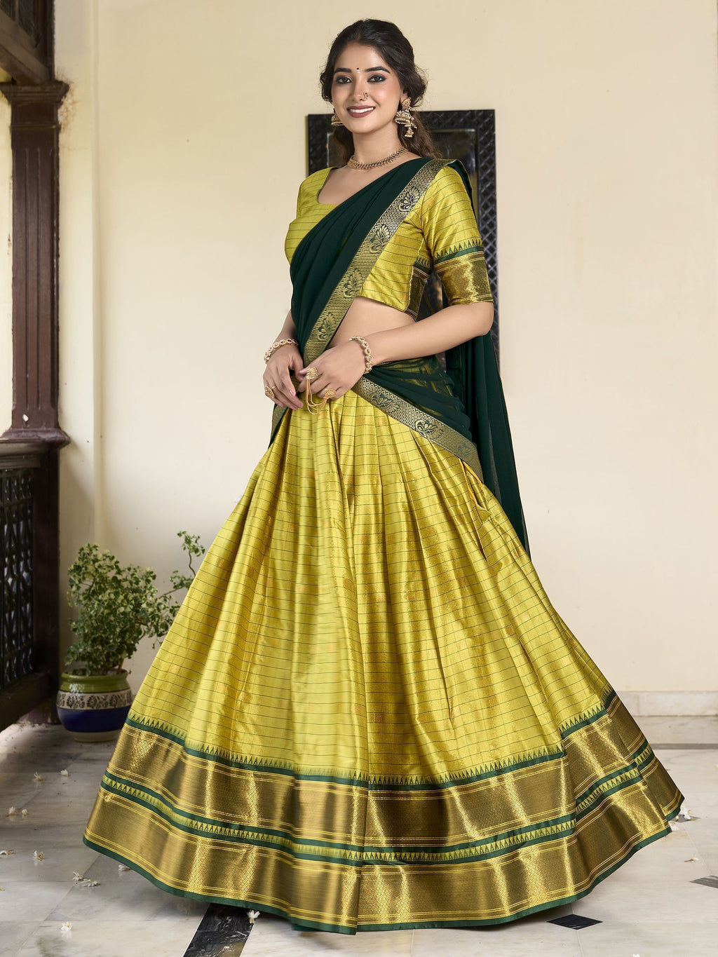 Green cotton silk paithani weaving work lehenga choli with dupatta