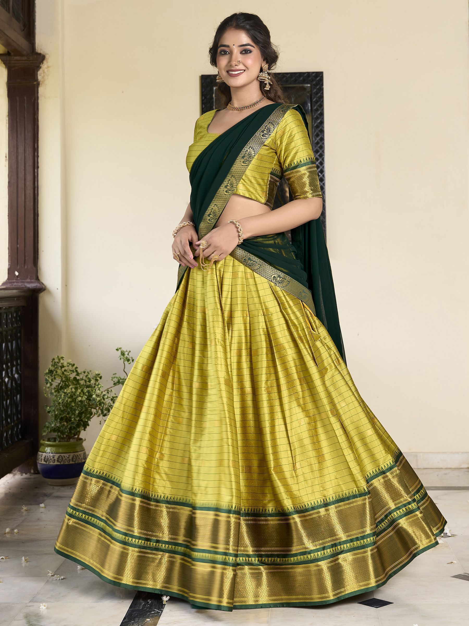 Green cotton silk paithani weaving work lehenga choli with dupatta