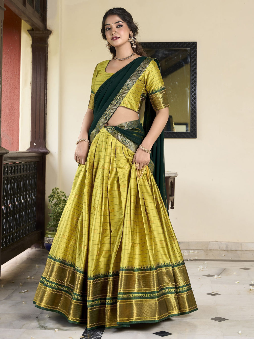 Green cotton silk paithani weaving work lehenga choli with dupatta