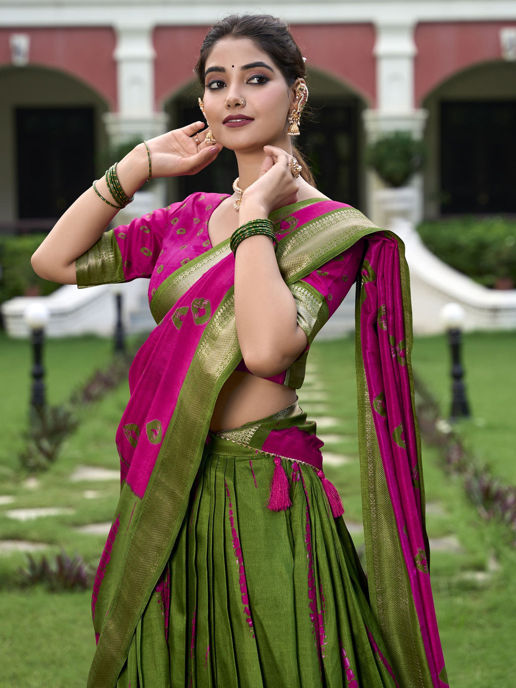 Pink Dola silk Shibori print zari weaving lehenga choli with dupatta