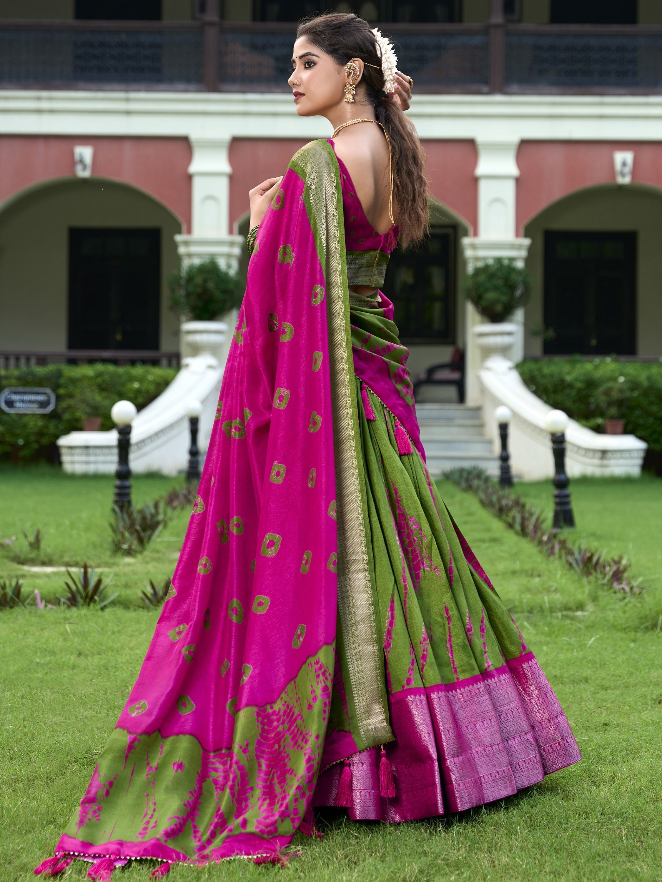 Pink Dola silk Shibori print zari weaving lehenga choli with dupatta