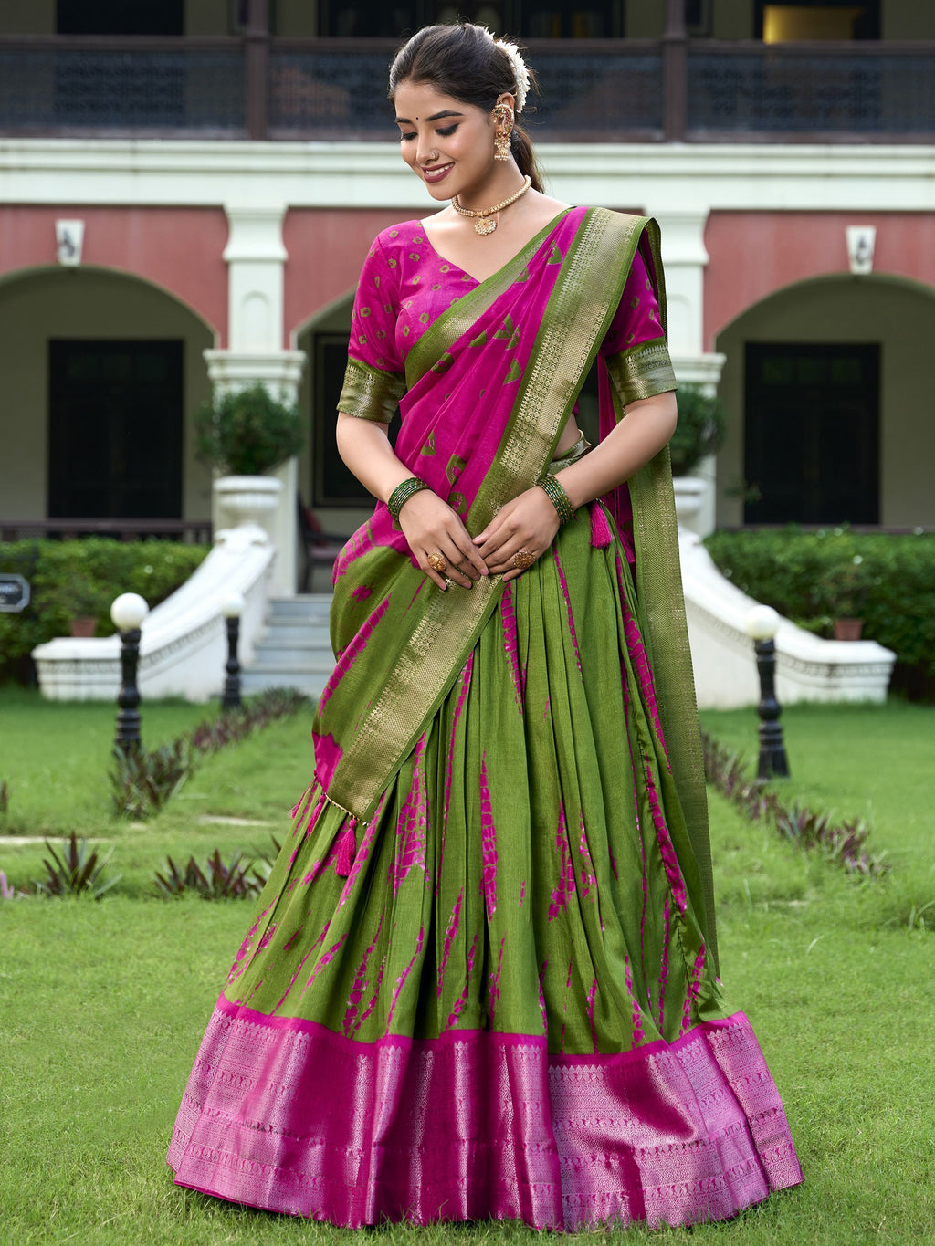 Pink Dola silk Shibori print zari weaving lehenga choli with dupatta