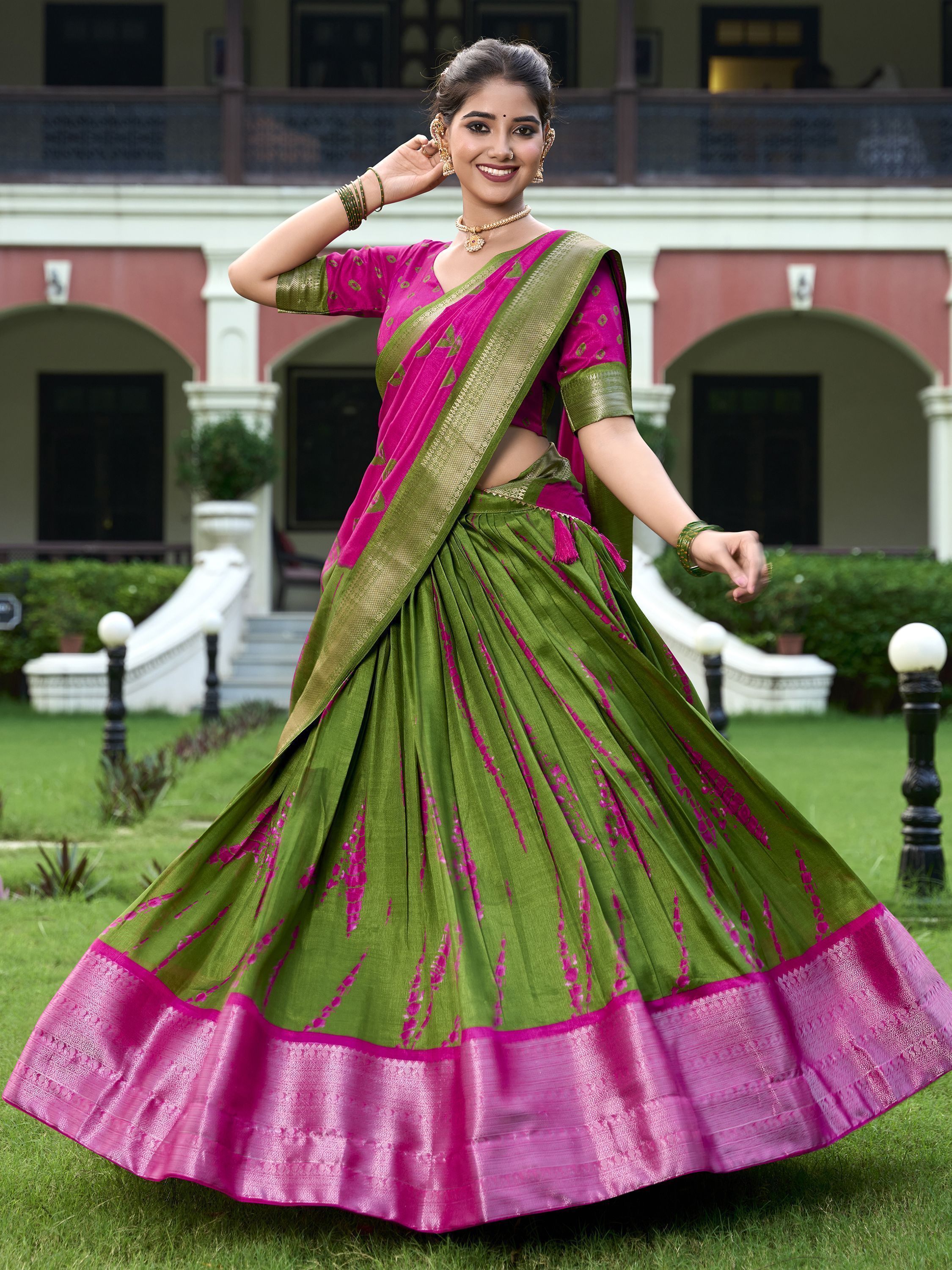 Pink Dola silk Shibori print zari weaving lehenga choli with dupatta