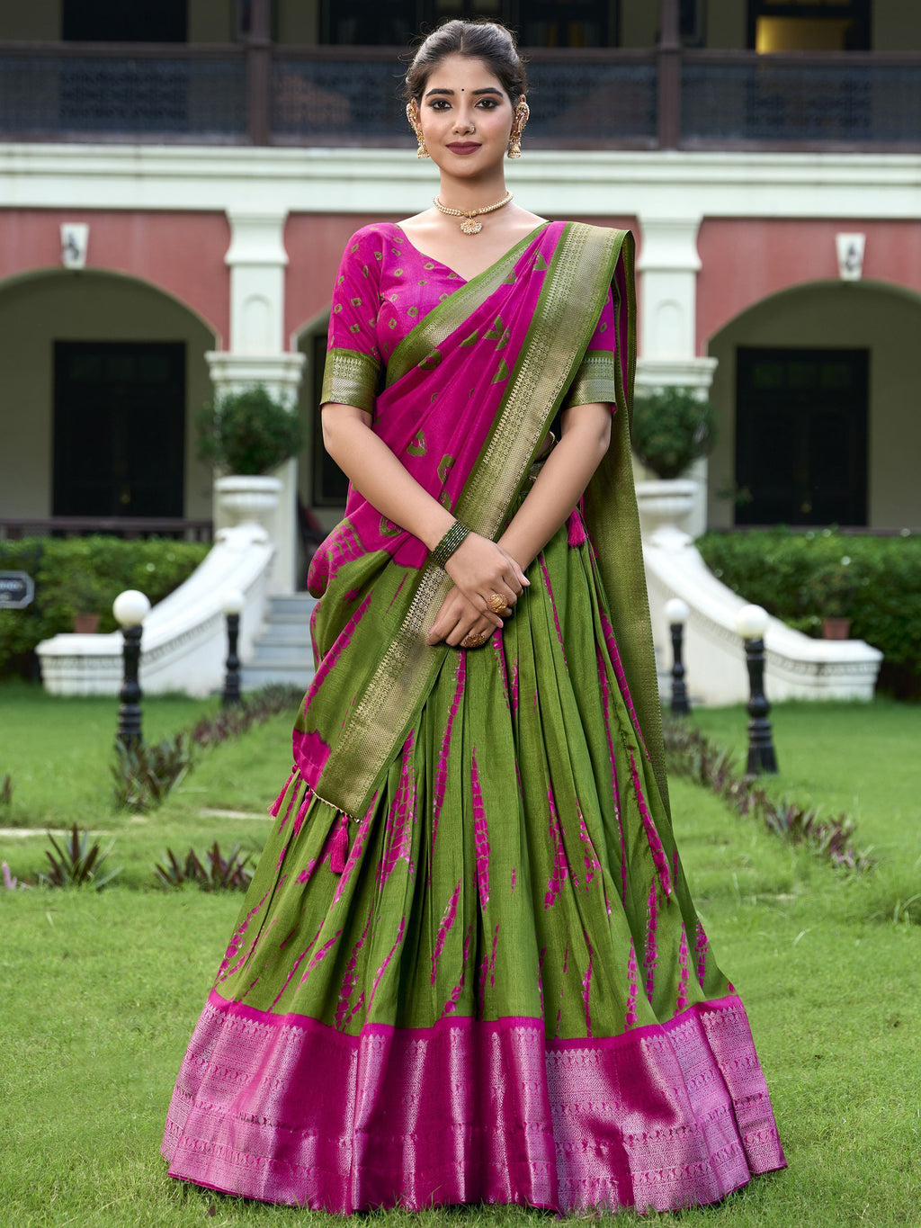 Pink Dola silk Shibori print zari weaving lehenga choli with dupatta
