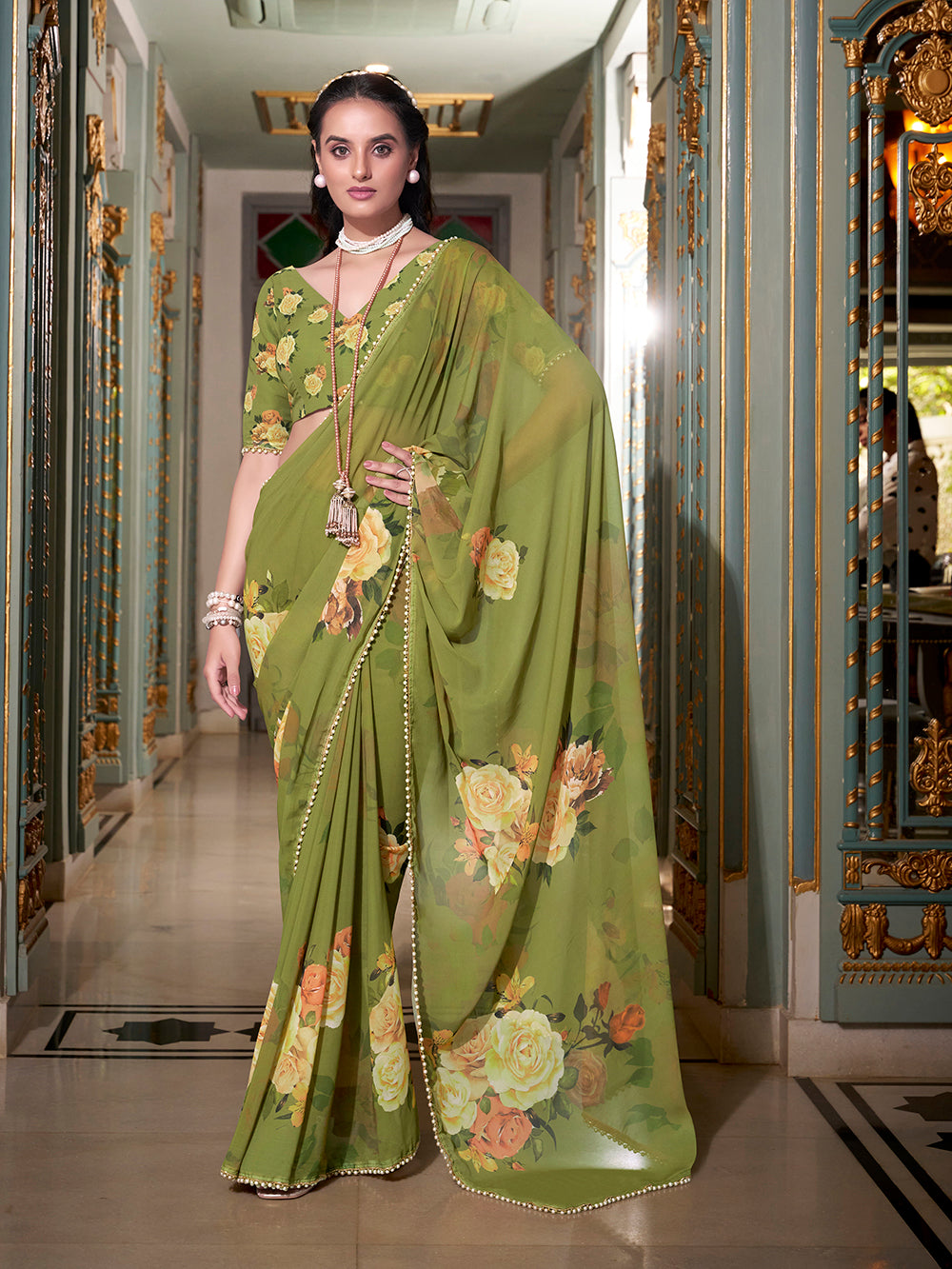 Green Georgette Printed Saree with Pearl Lace Saree 