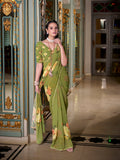 Green georgette printed saree with pearl lace border