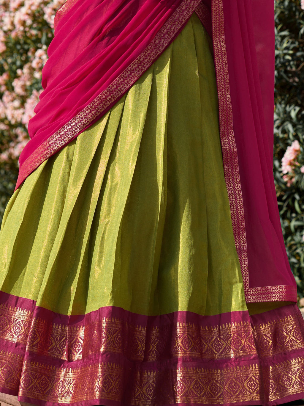 Green kanchipuram silk lehenga choli with zari weaving work