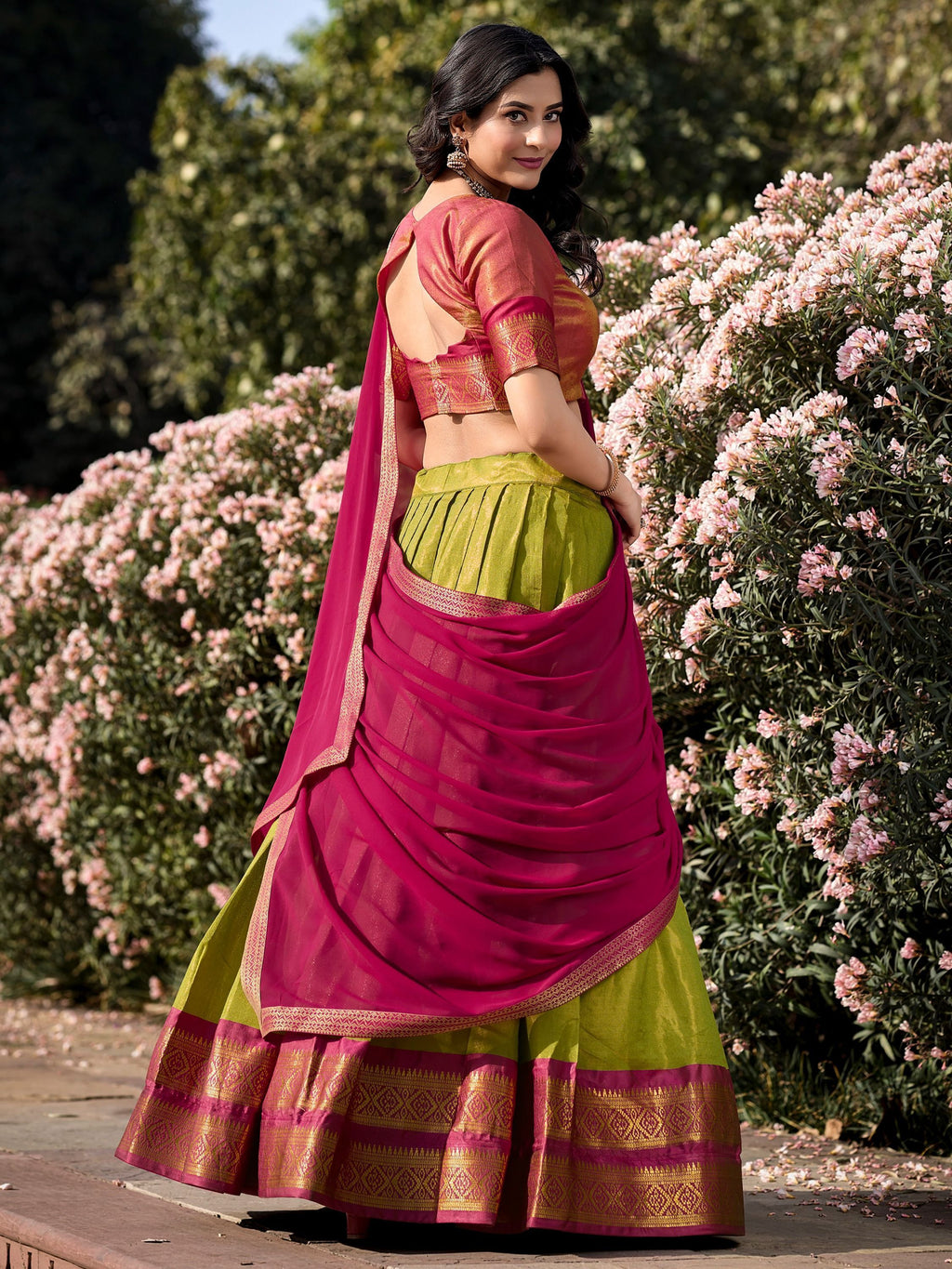 Green kanchipuram silk lehenga choli with zari weaving work