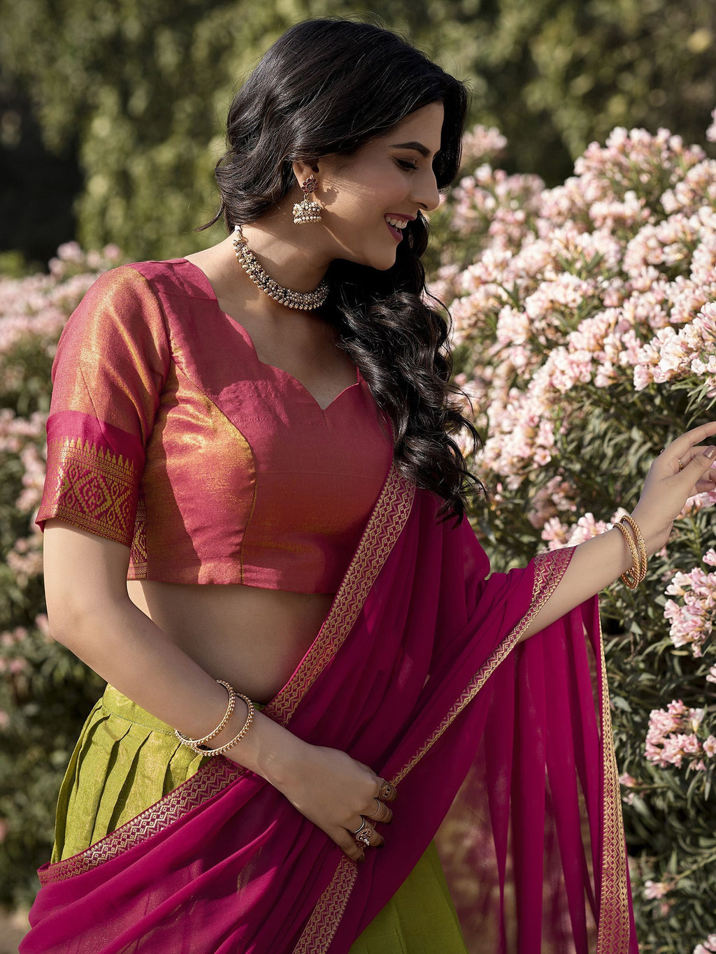 Green kanchipuram silk lehenga choli with zari weaving work