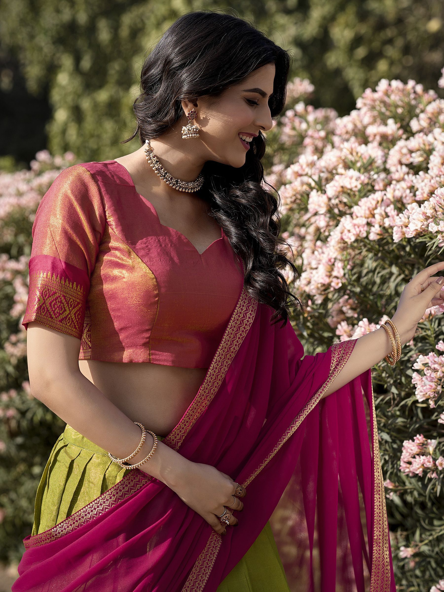 Green kanchipuram silk lehenga choli with zari weaving work