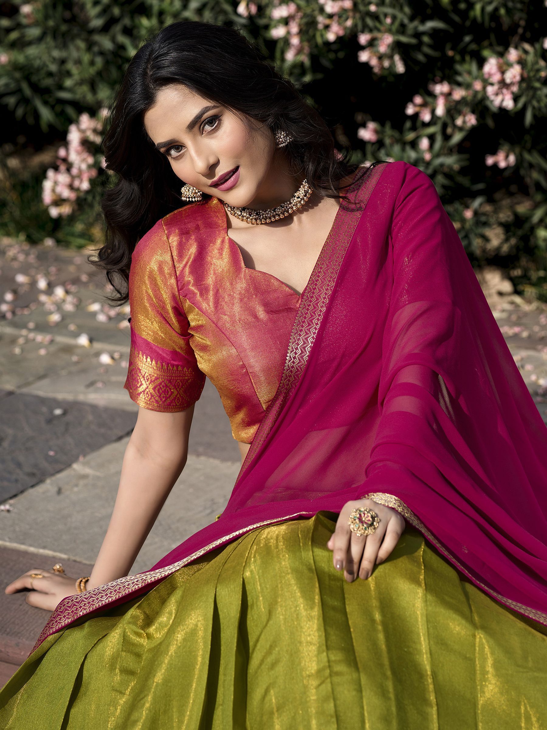 Green kanchipuram silk lehenga choli with zari weaving work