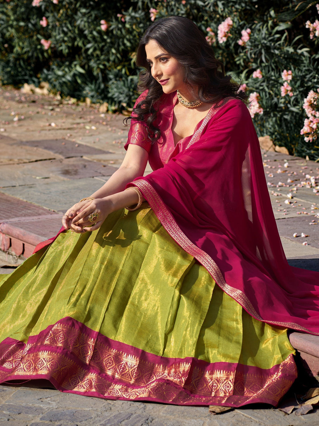 Green kanchipuram silk lehenga choli with zari weaving work