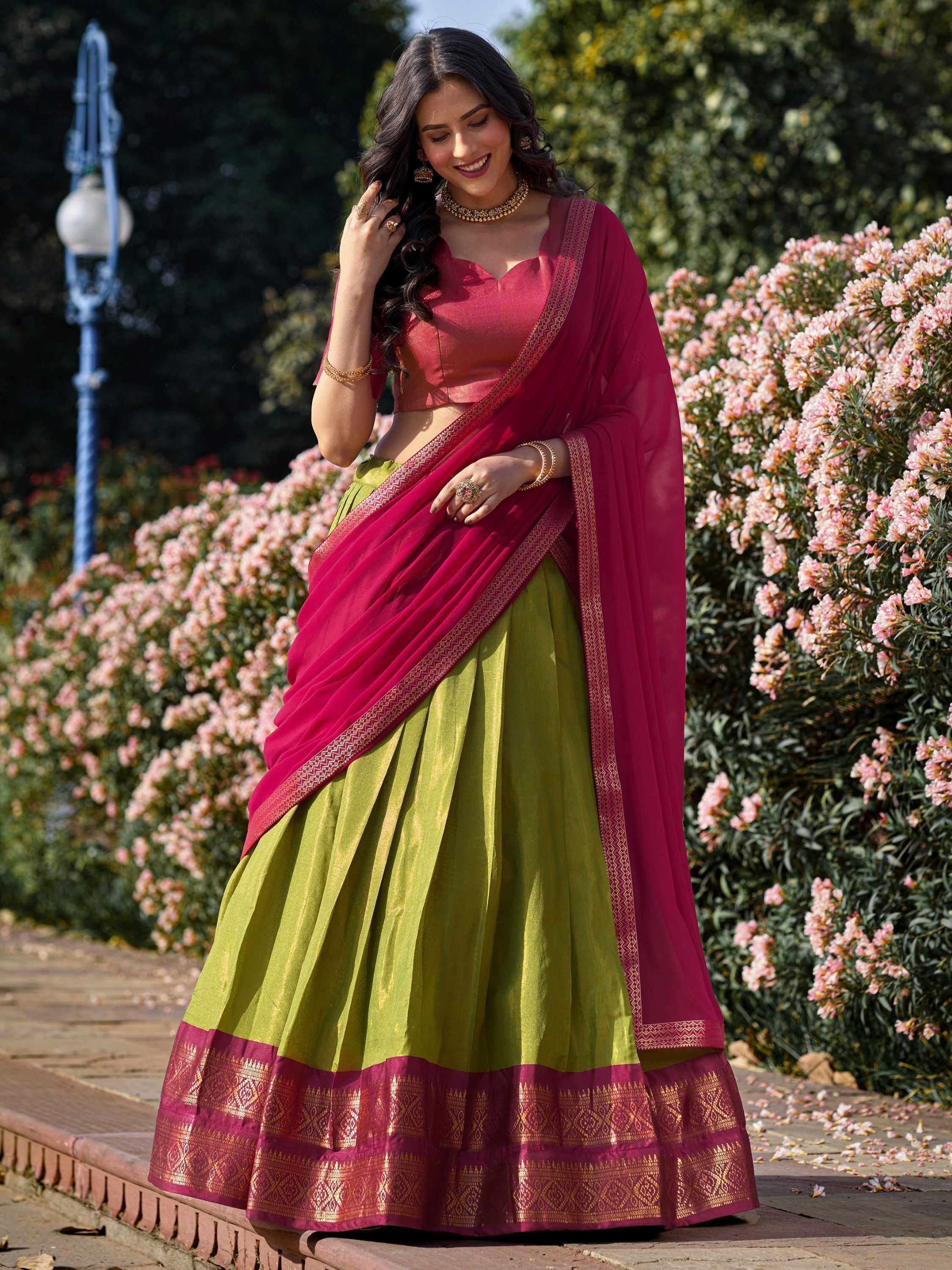 Green kanchipuram silk lehenga choli with zari weaving work