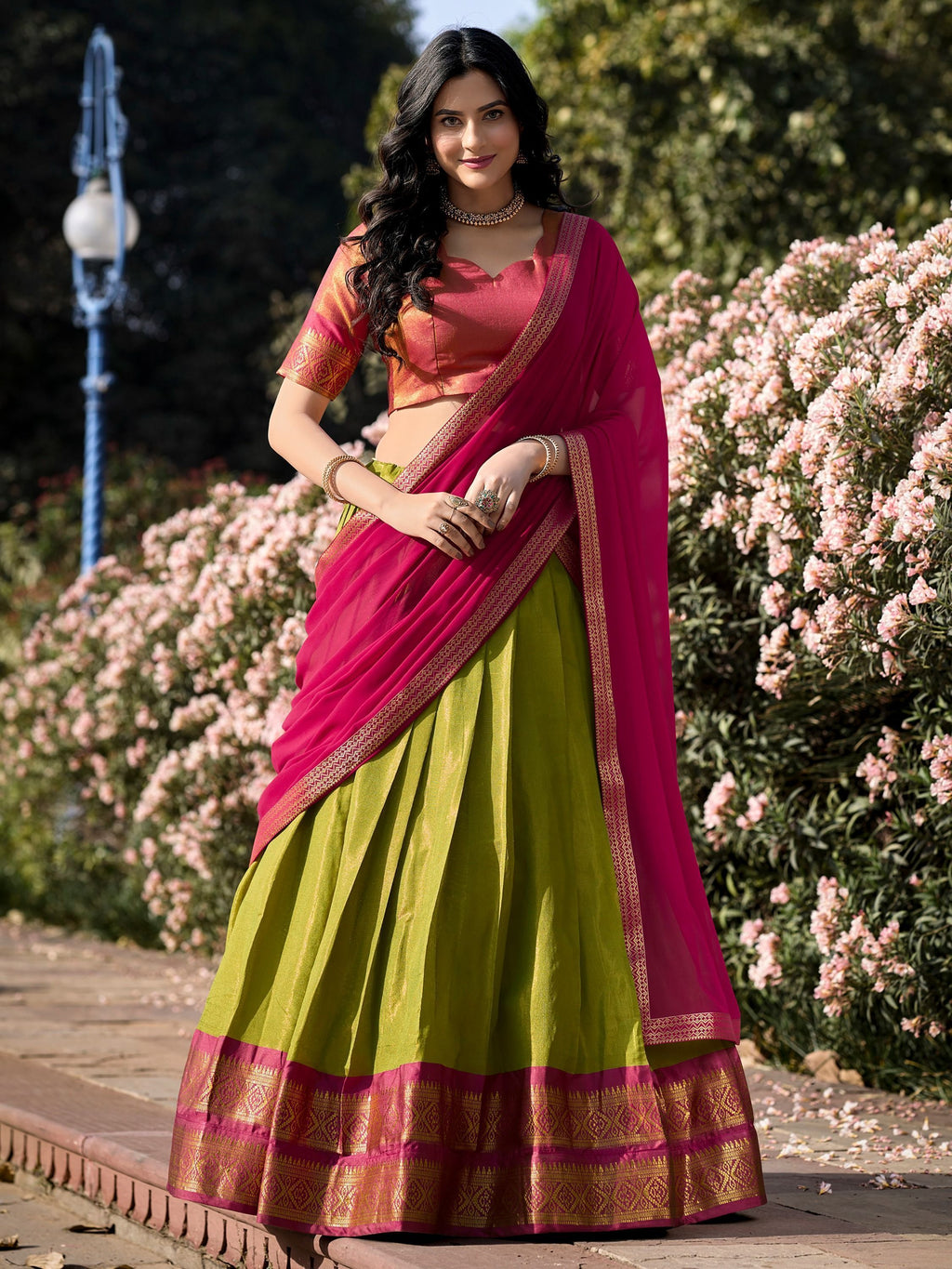 Green kanchipuram silk lehenga choli with zari weaving work