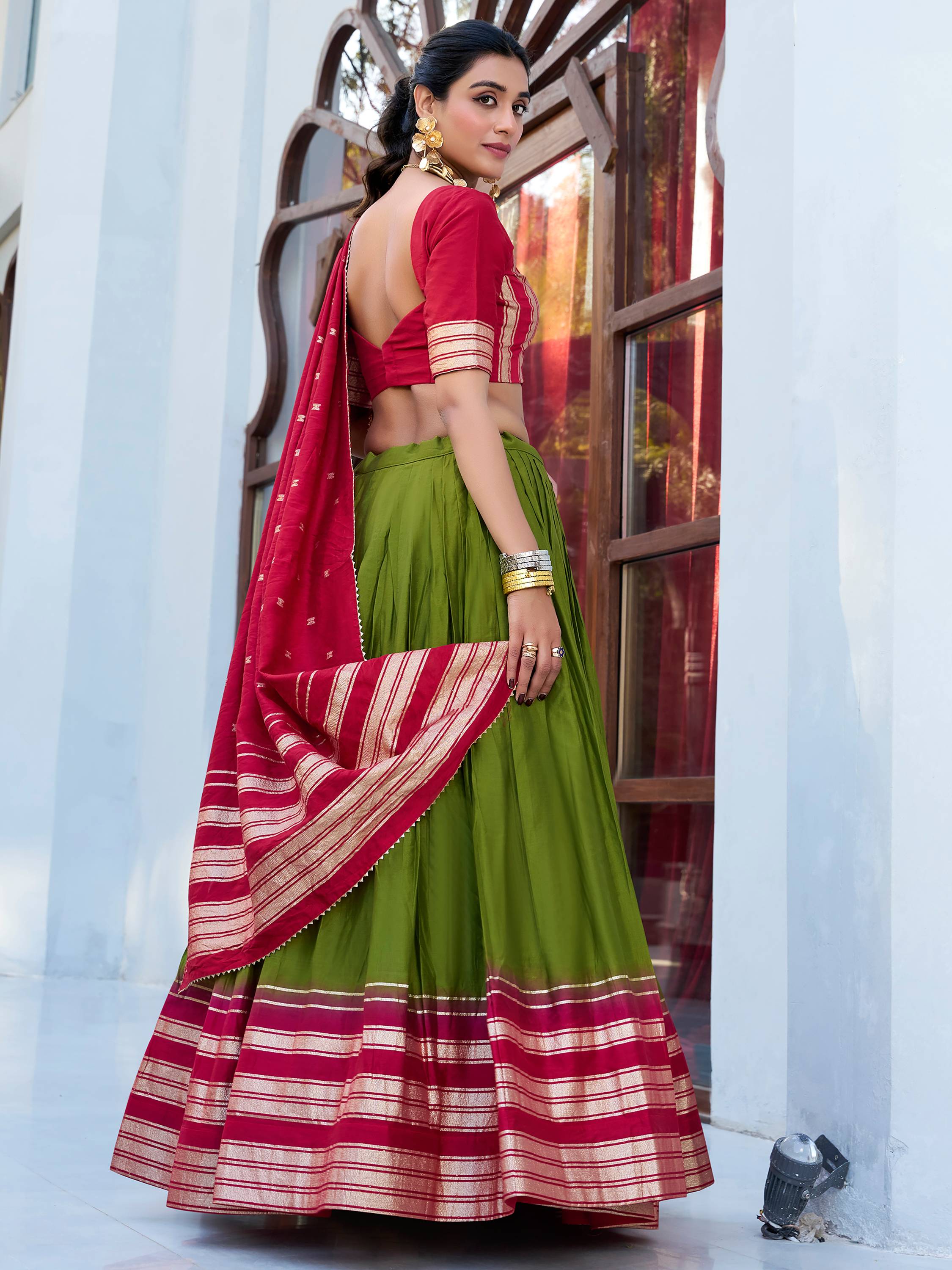 Green pure Chanderi zari weaving lehenga choli with dupatta