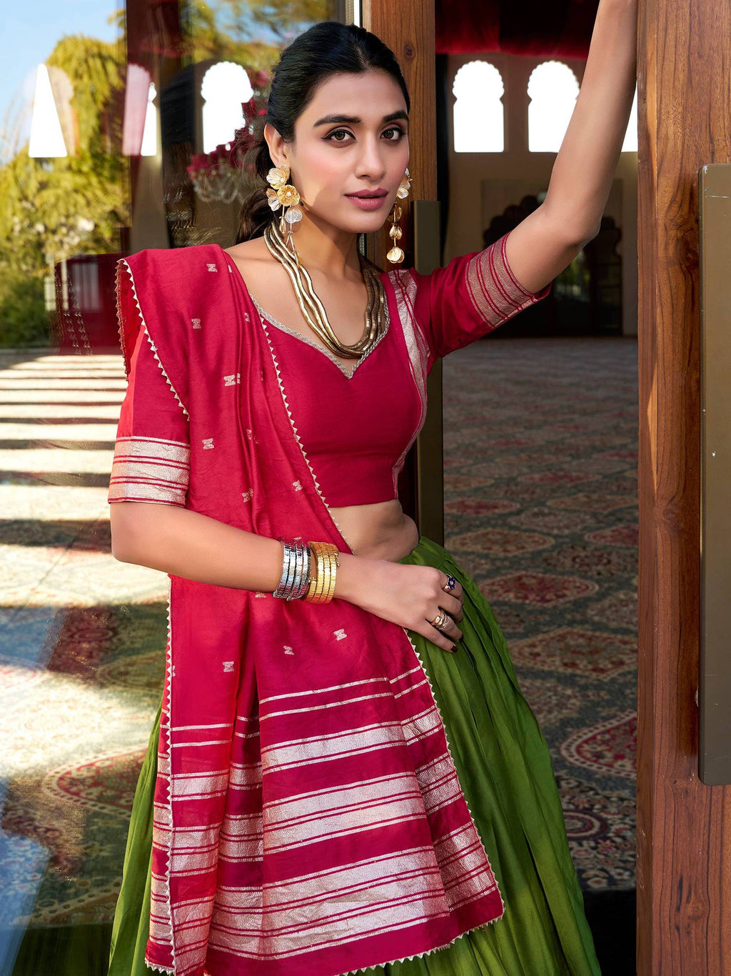 Green pure Chanderi zari weaving lehenga choli with dupatta