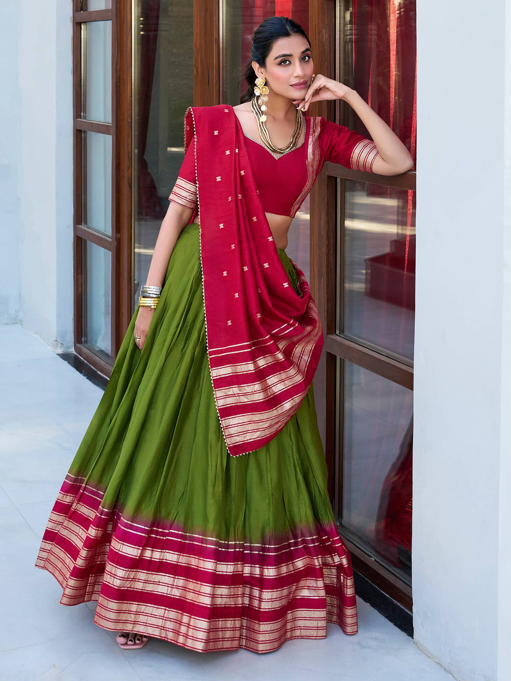 Green pure Chanderi zari weaving lehenga choli with dupatta