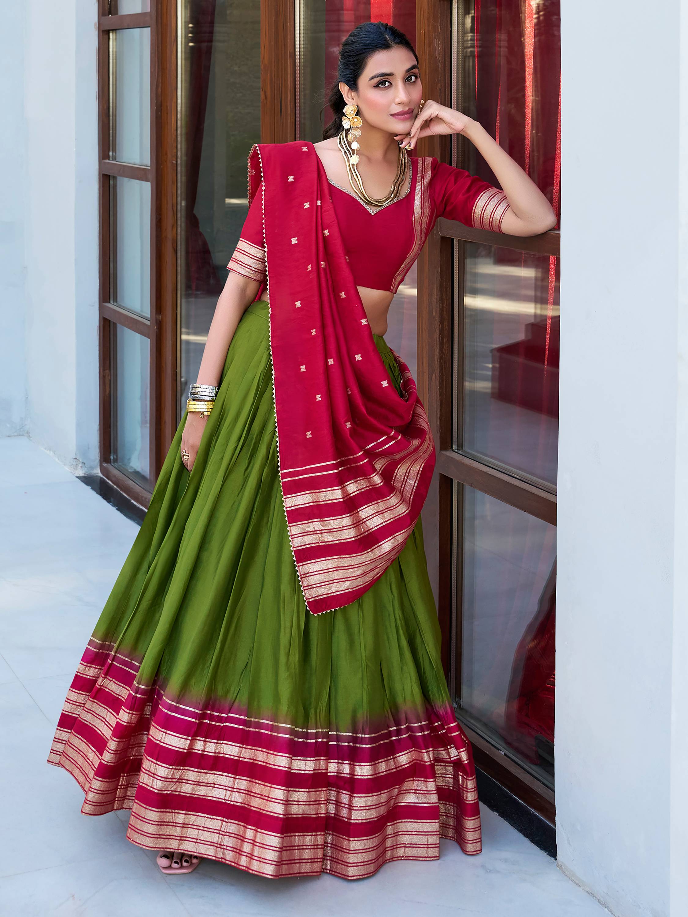 Green pure Chanderi zari weaving lehenga choli with dupatta
