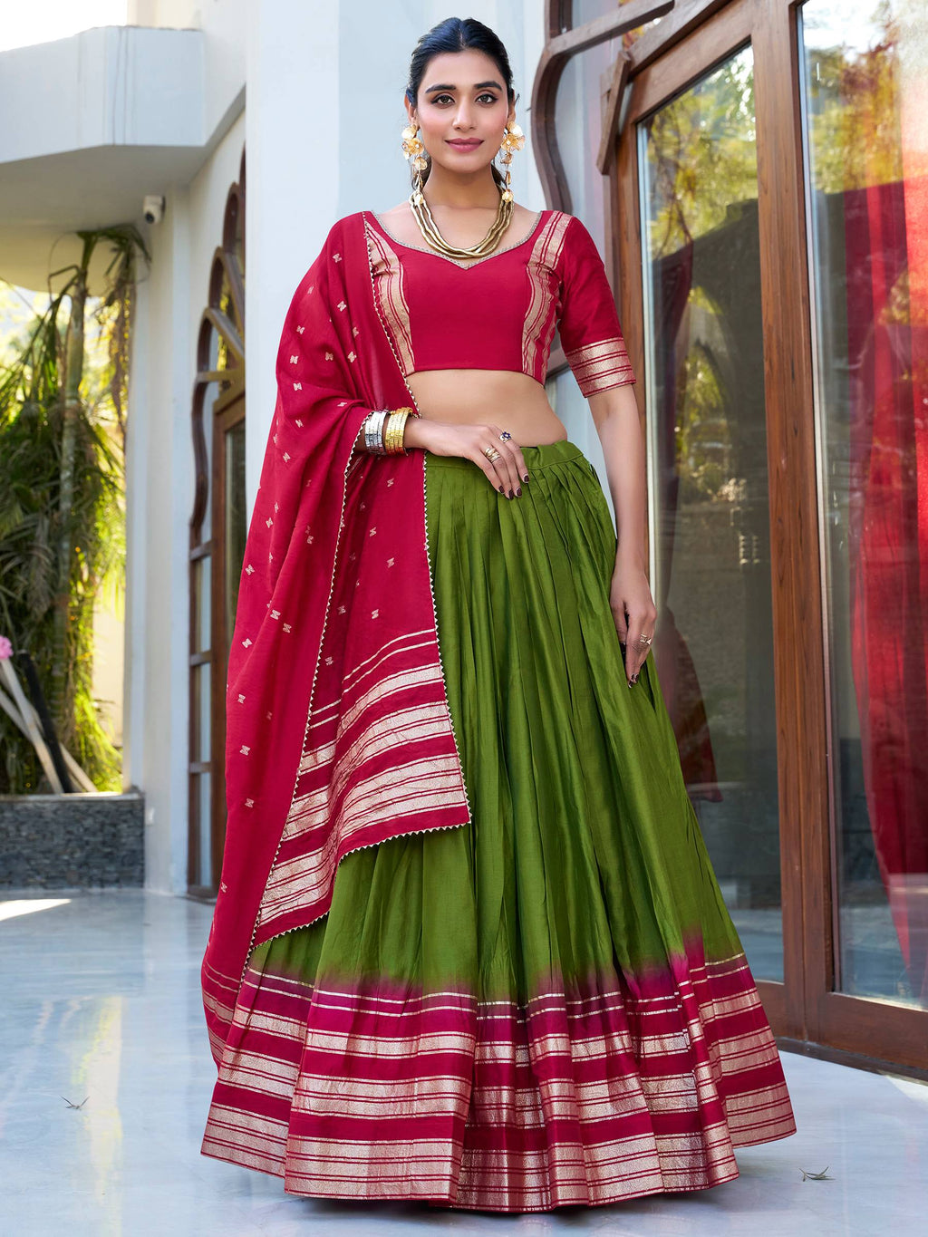 Green pure Chanderi zari weaving lehenga choli with dupatta