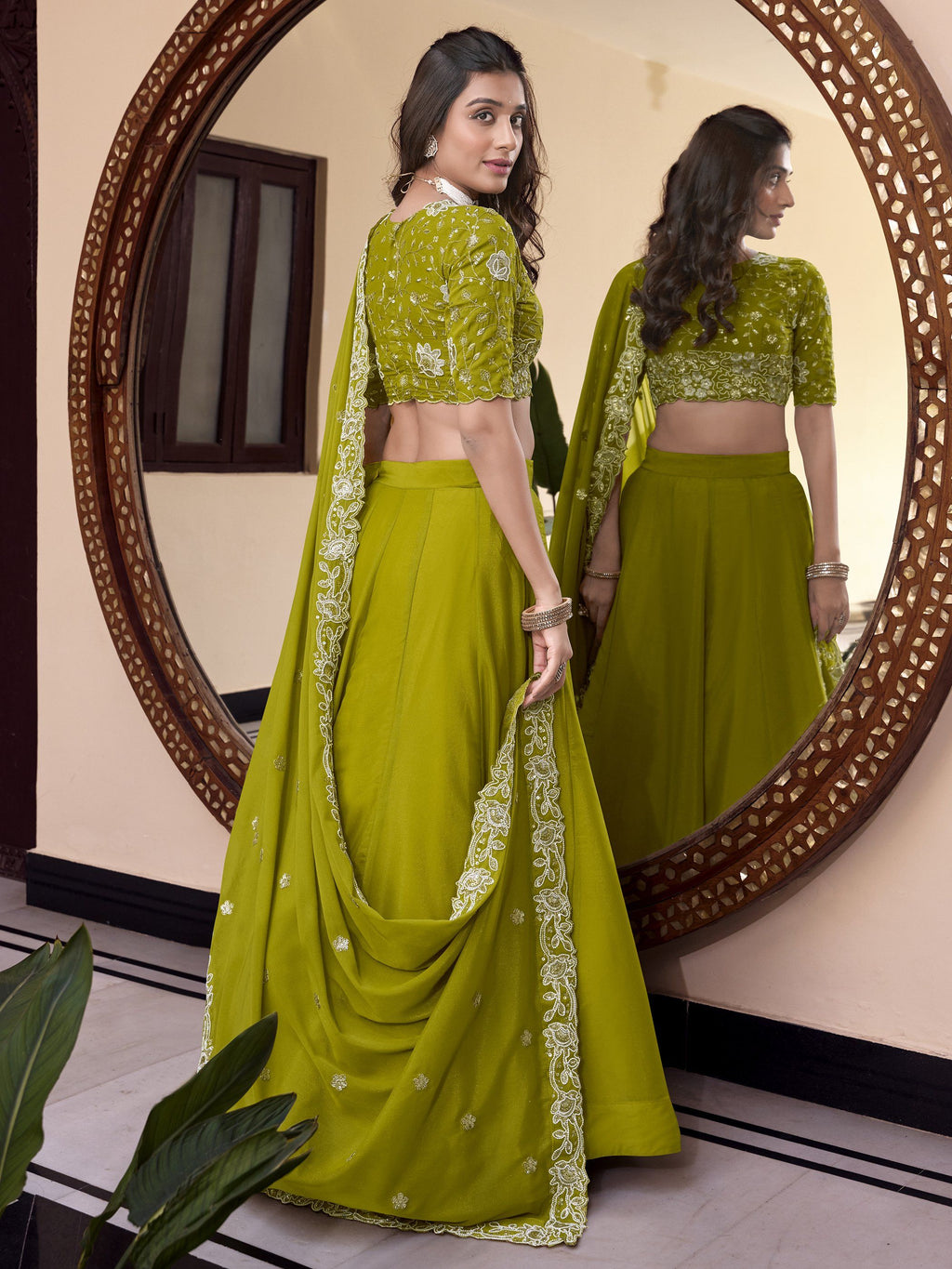Green star georgette lehenga choli with pearl coding and sequins embroidery
