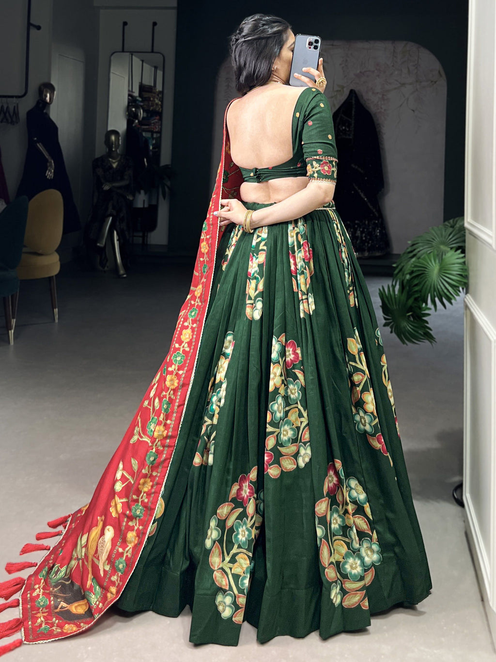 Green tussar silk printed and foil work lehenga choli
