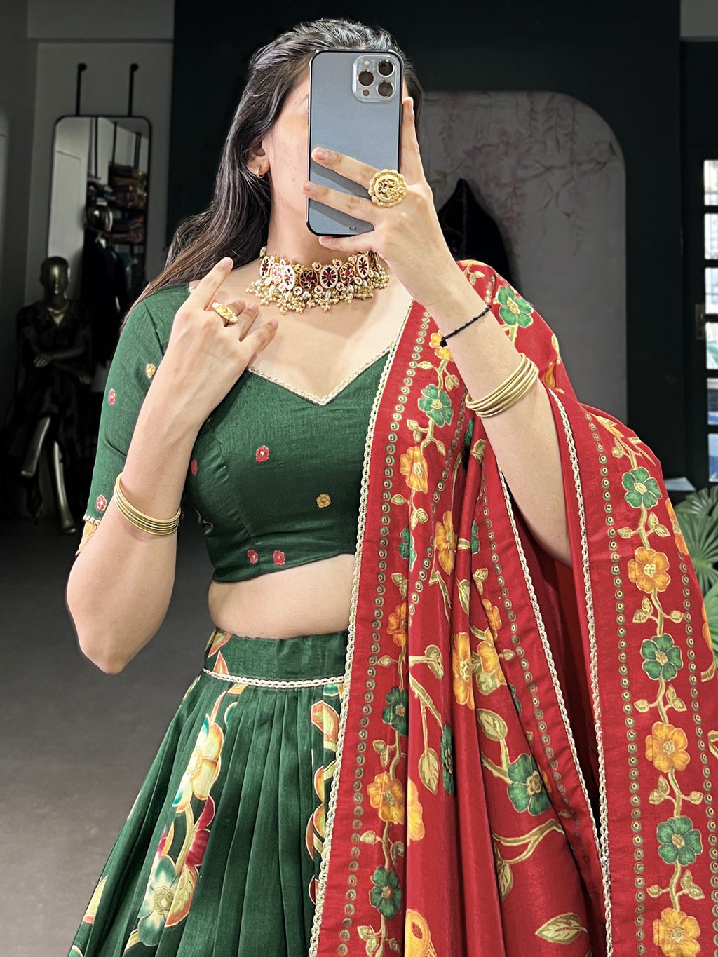 Green tussar silk printed and foil work lehenga choli