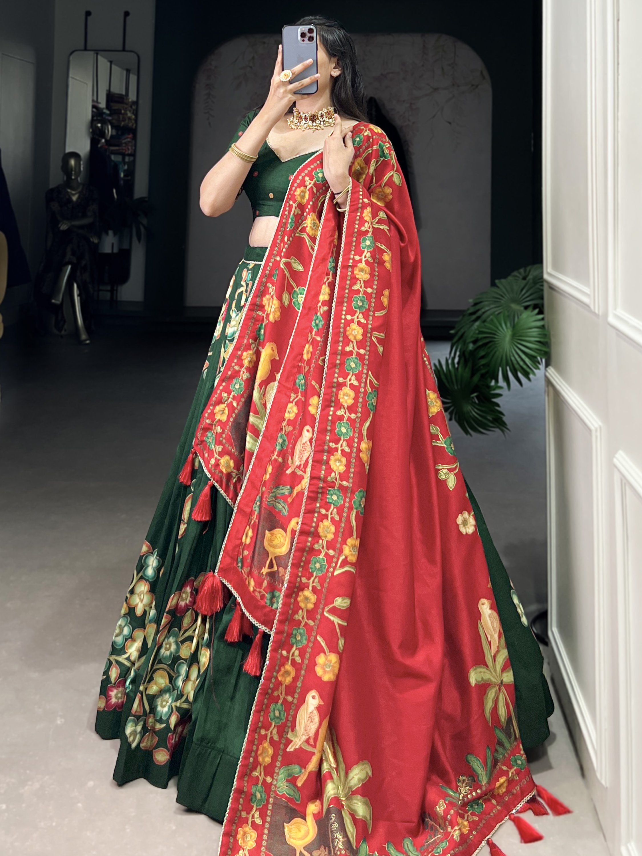 Green tussar silk printed and foil work lehenga choli
