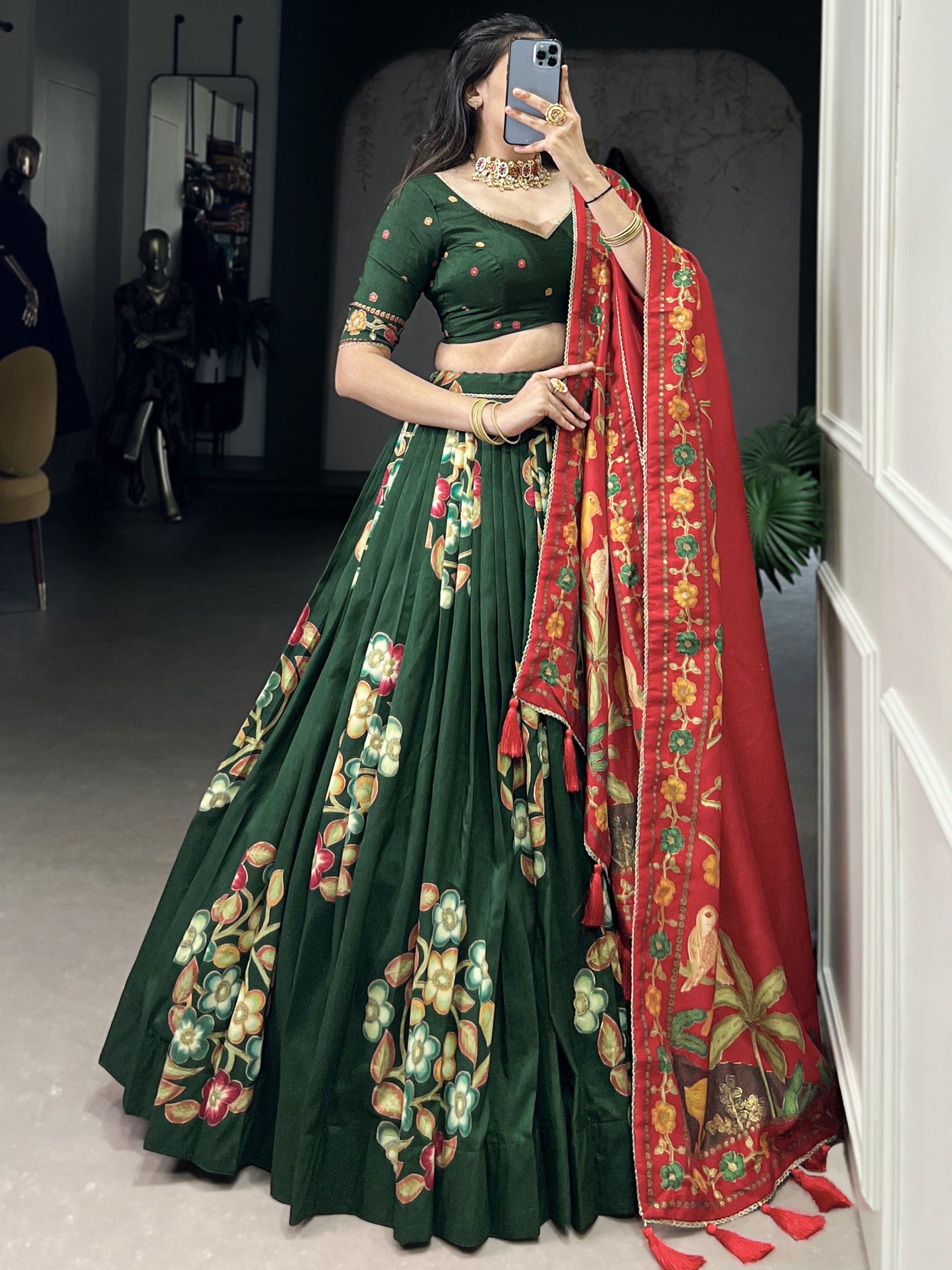 Green tussar silk printed and foil work lehenga choli