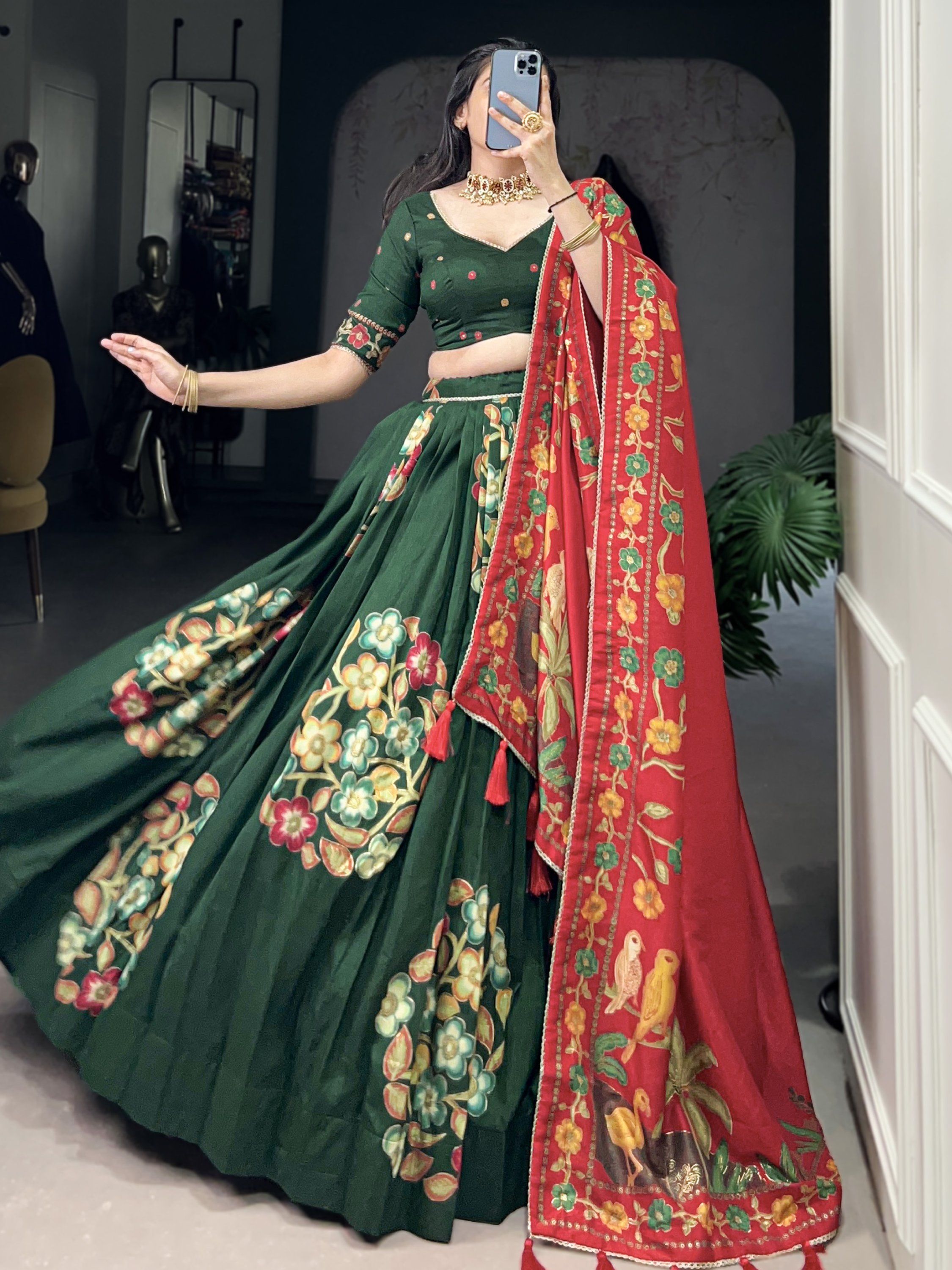 Green tussar silk printed and foil work lehenga choli