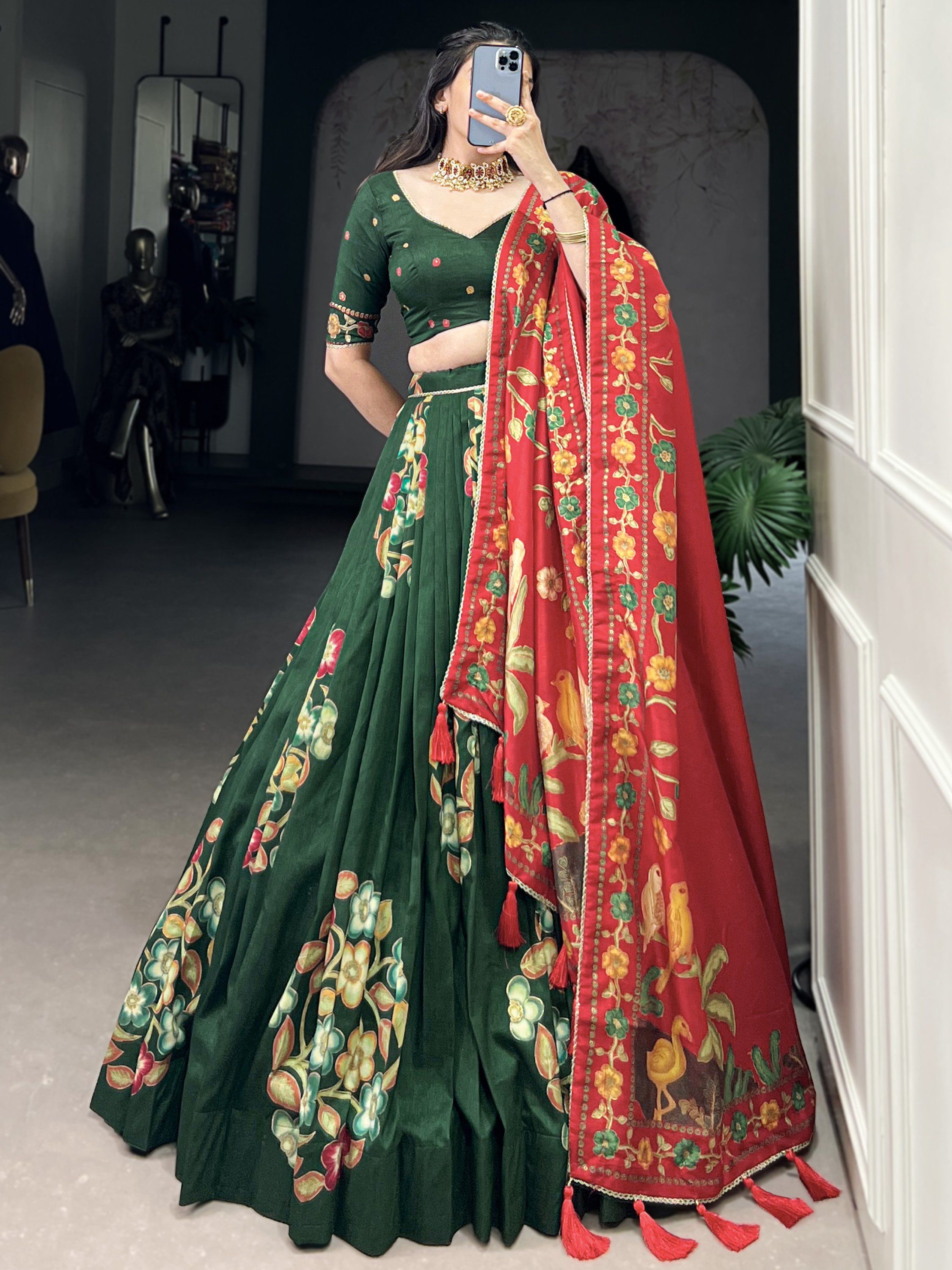 Green tussar silk printed and foil work lehenga choli