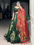 Green tussar silk printed and foil work lehenga choli