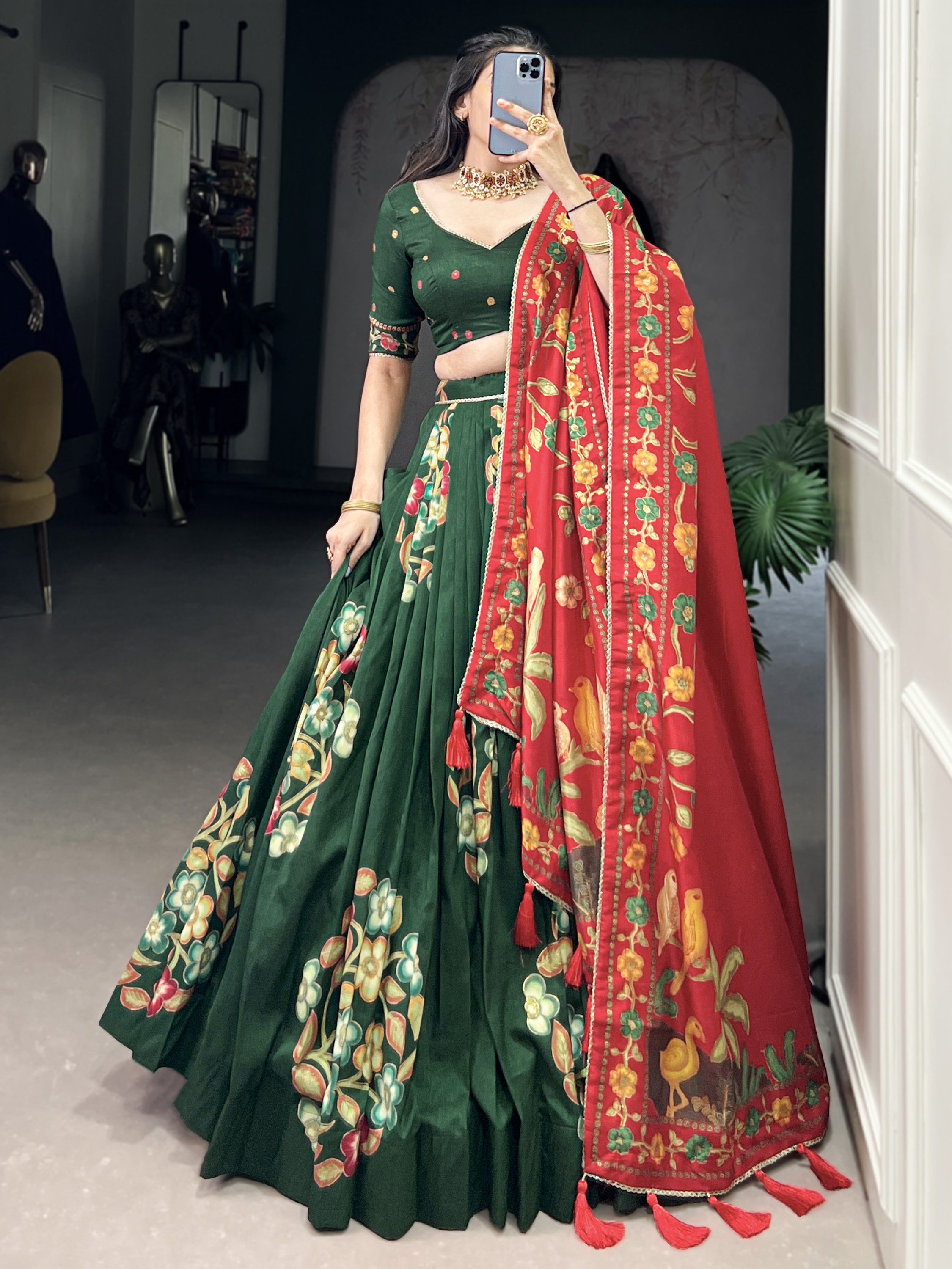 Green tussar silk printed and foil work lehenga choli
