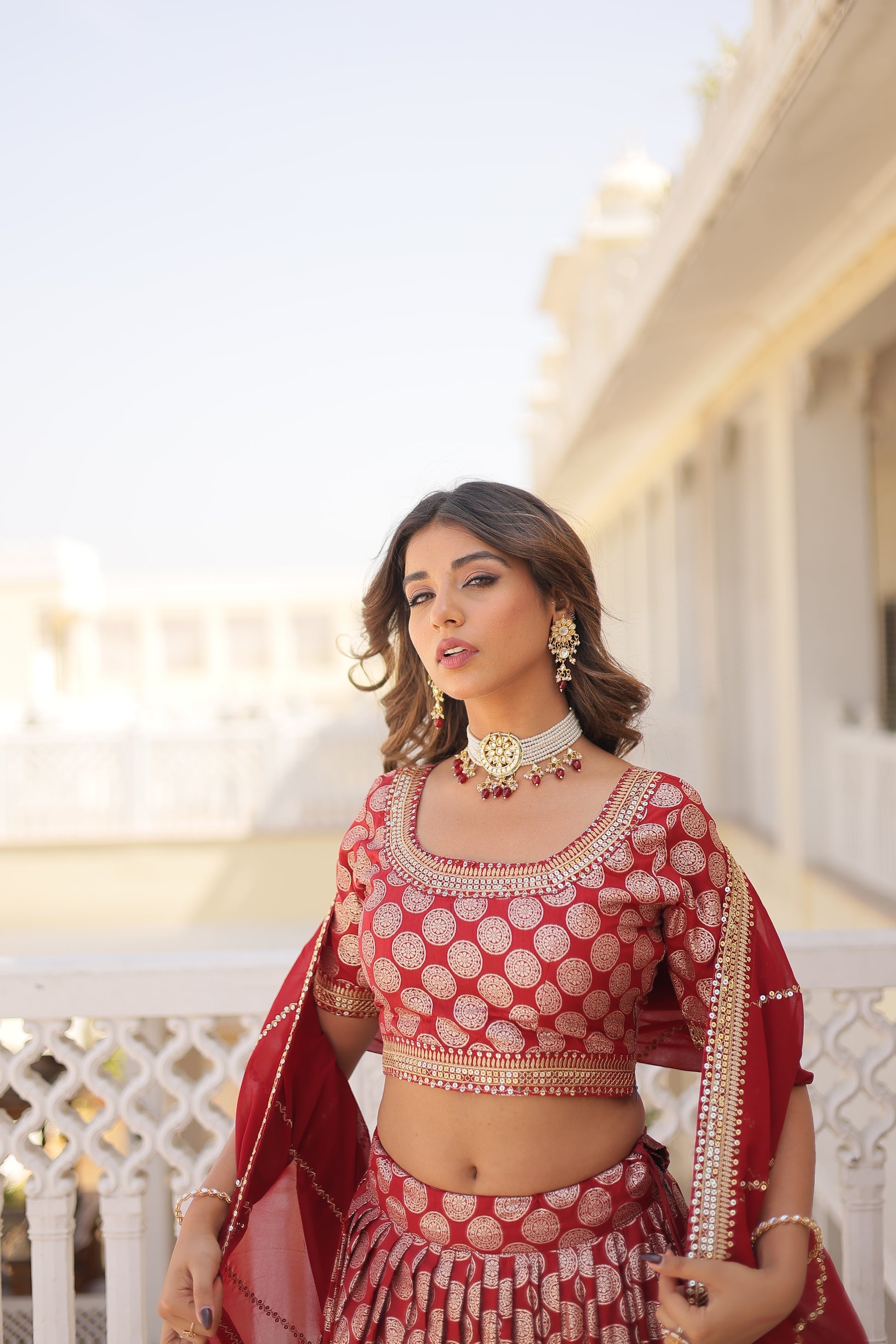 Harinya red viscose jacquard embroidered lehenga set