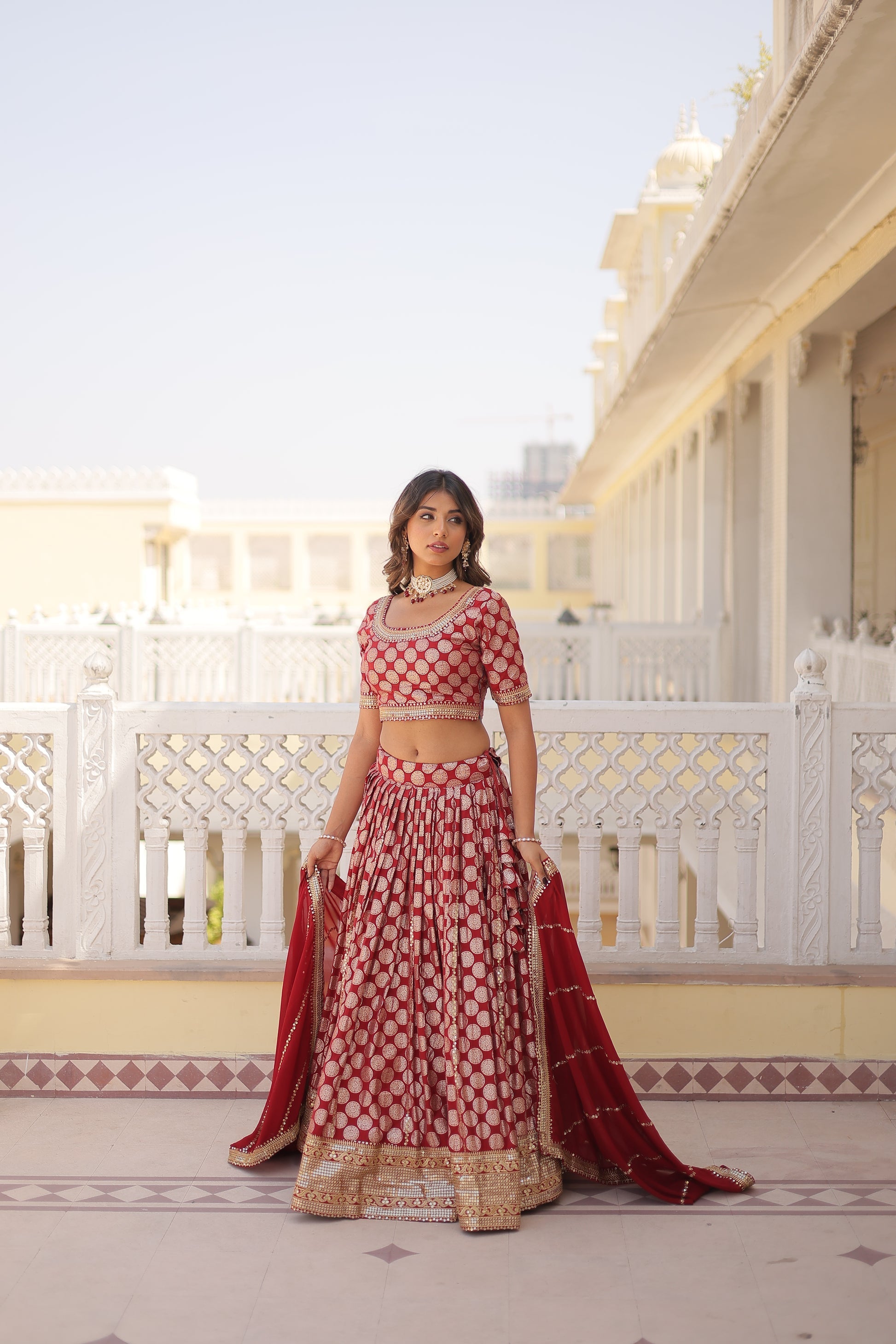 Harinya red viscose jacquard embroidered lehenga set
