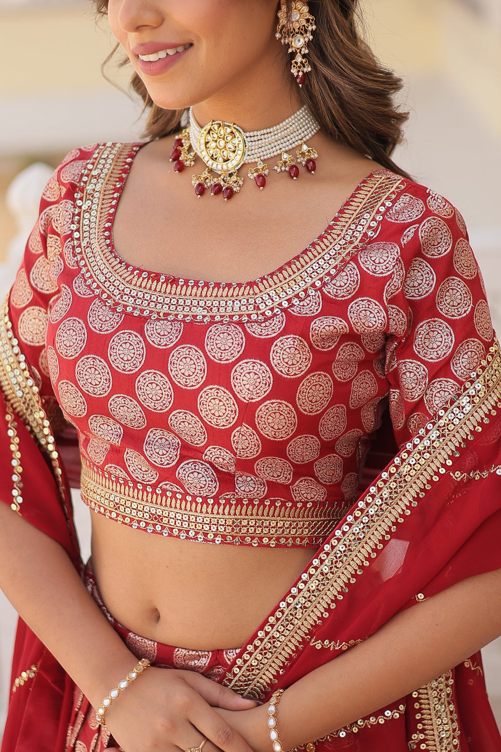 Harinya red viscose jacquard embroidered lehenga set
