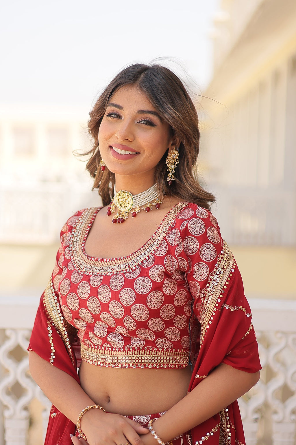 Harinya red viscose jacquard embroidered lehenga set