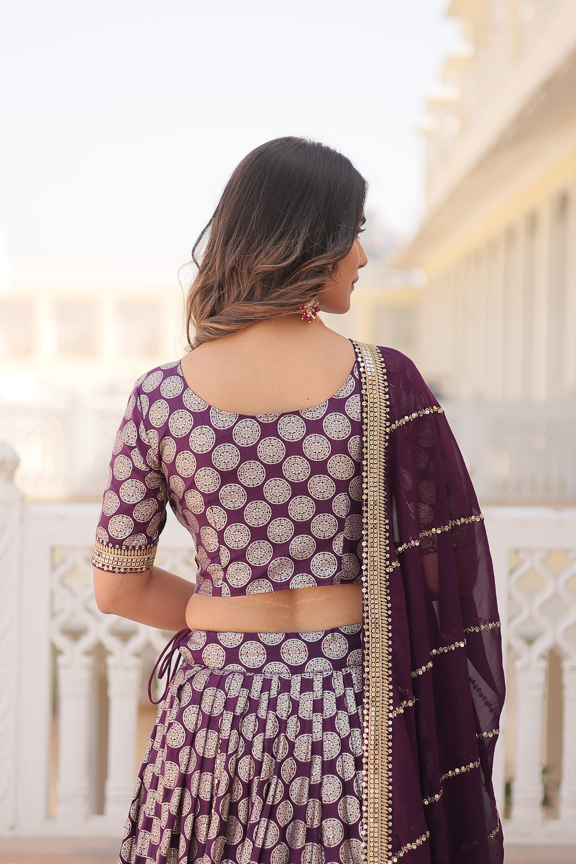 Harinya wine viscose jacquard embroidered lehenga set