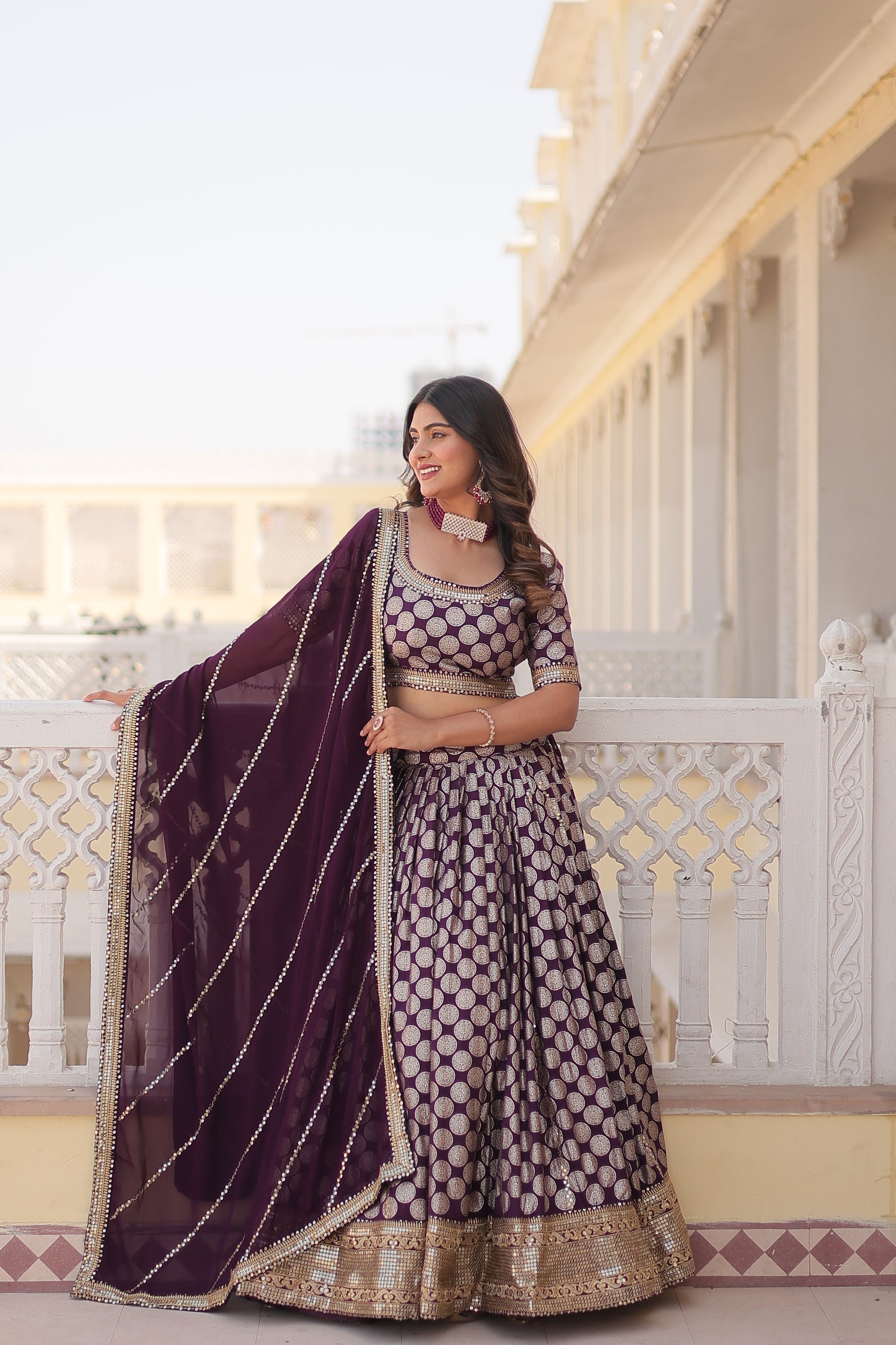 Harinya wine viscose jacquard embroidered lehenga set