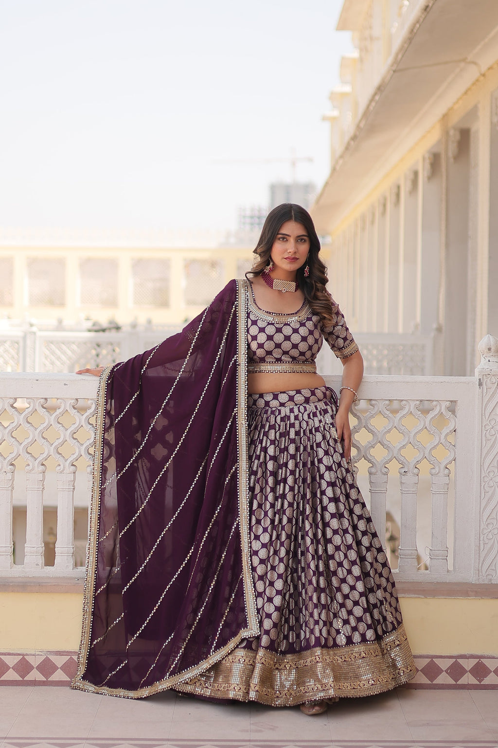 Harinya wine viscose jacquard embroidered lehenga set