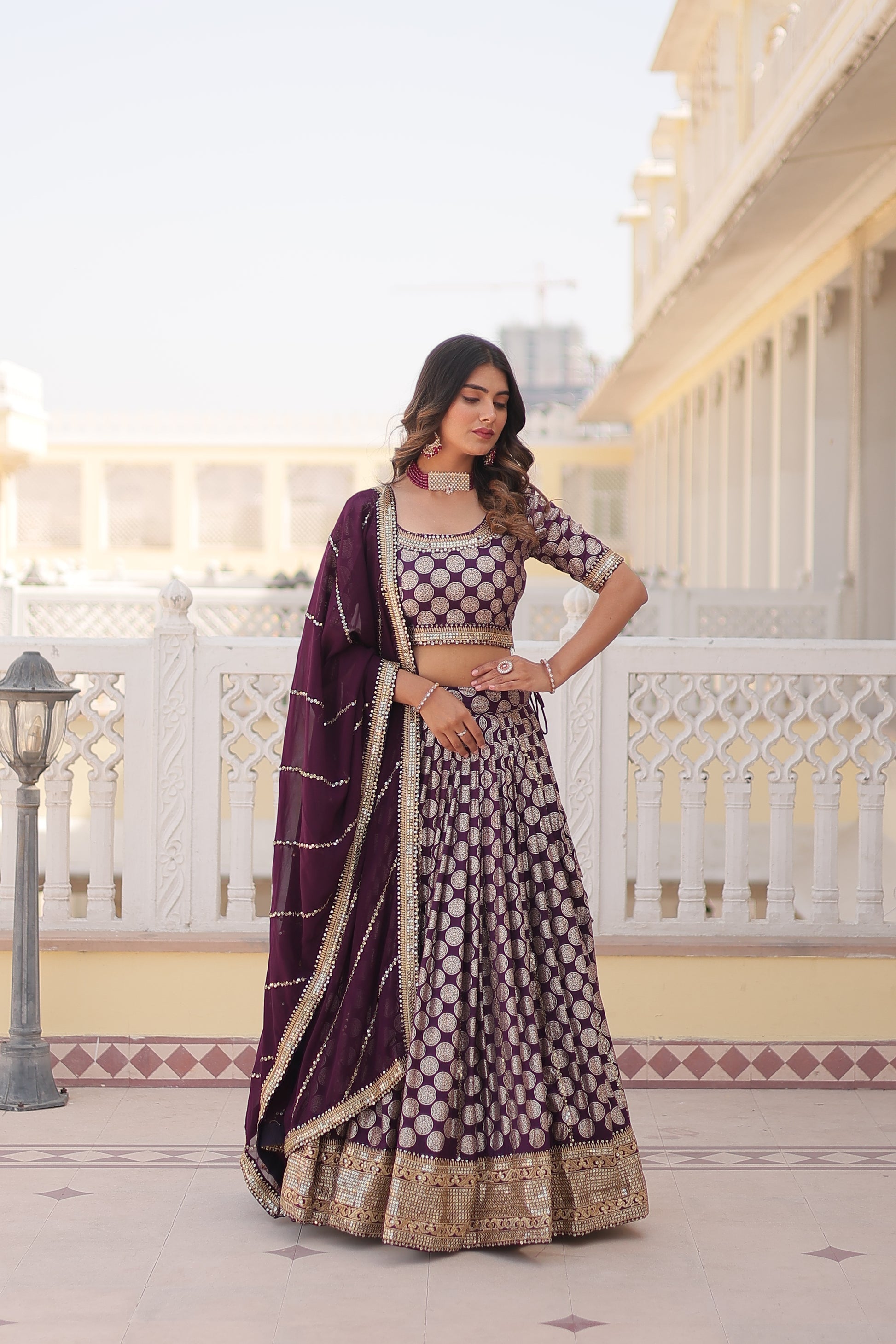 Harinya wine viscose jacquard embroidered lehenga set