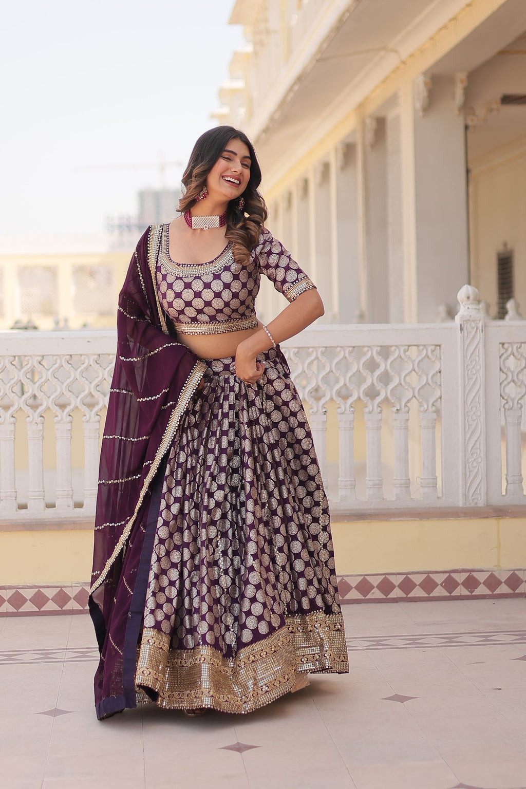Harinya wine viscose jacquard embroidered lehenga set