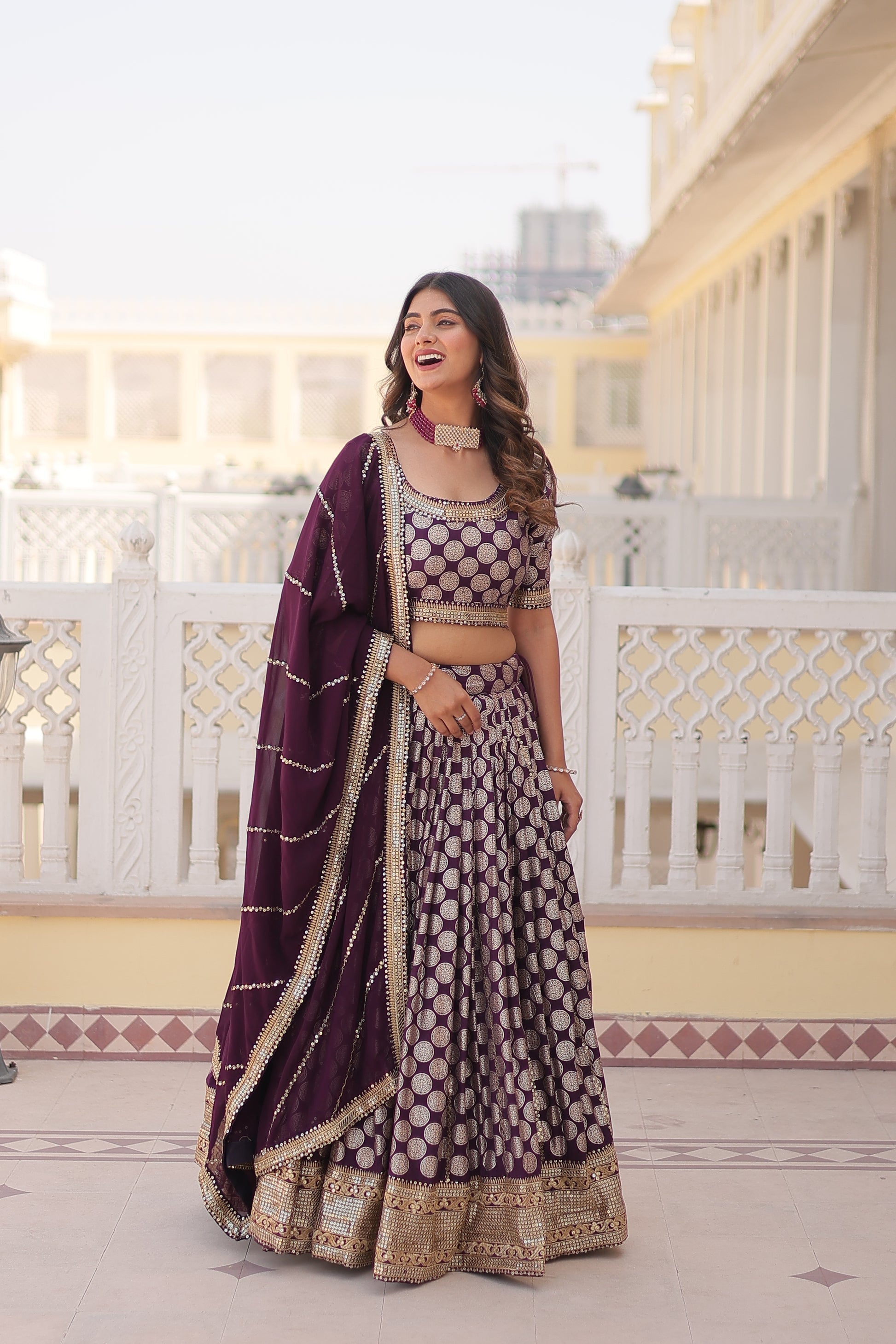 Harinya wine viscose jacquard embroidered lehenga set