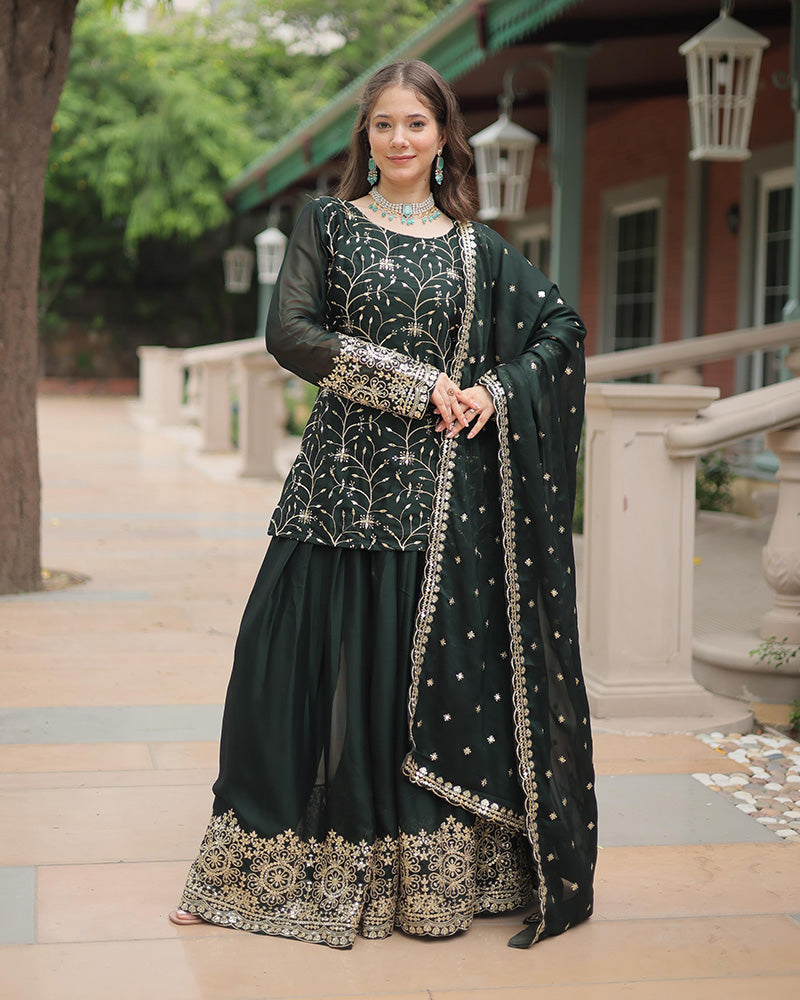 Green Rangoli silk embroidered Hitanshi designer kurti palazzo set