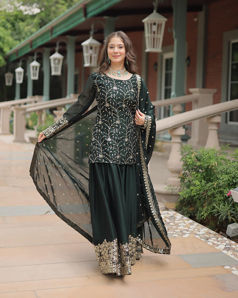 Green Rangoli silk embroidered Hitanshi designer kurti palazzo set
