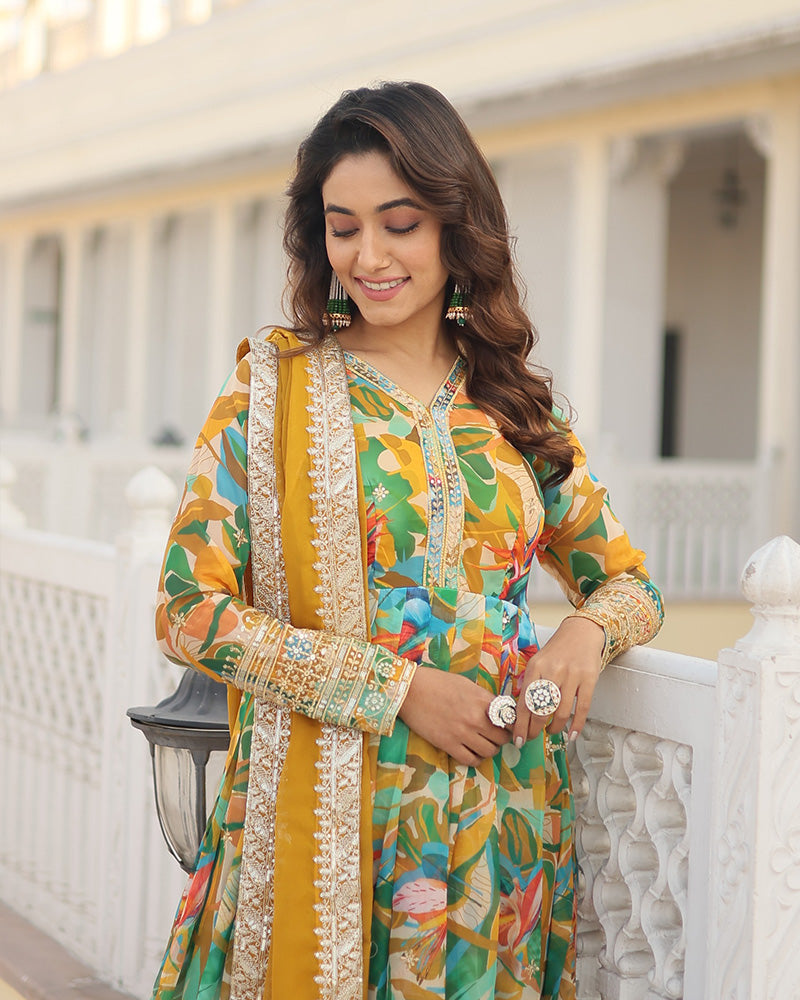 Hues of Elegance: Handcrafted Floral Alia Cut Gown with Dupatta