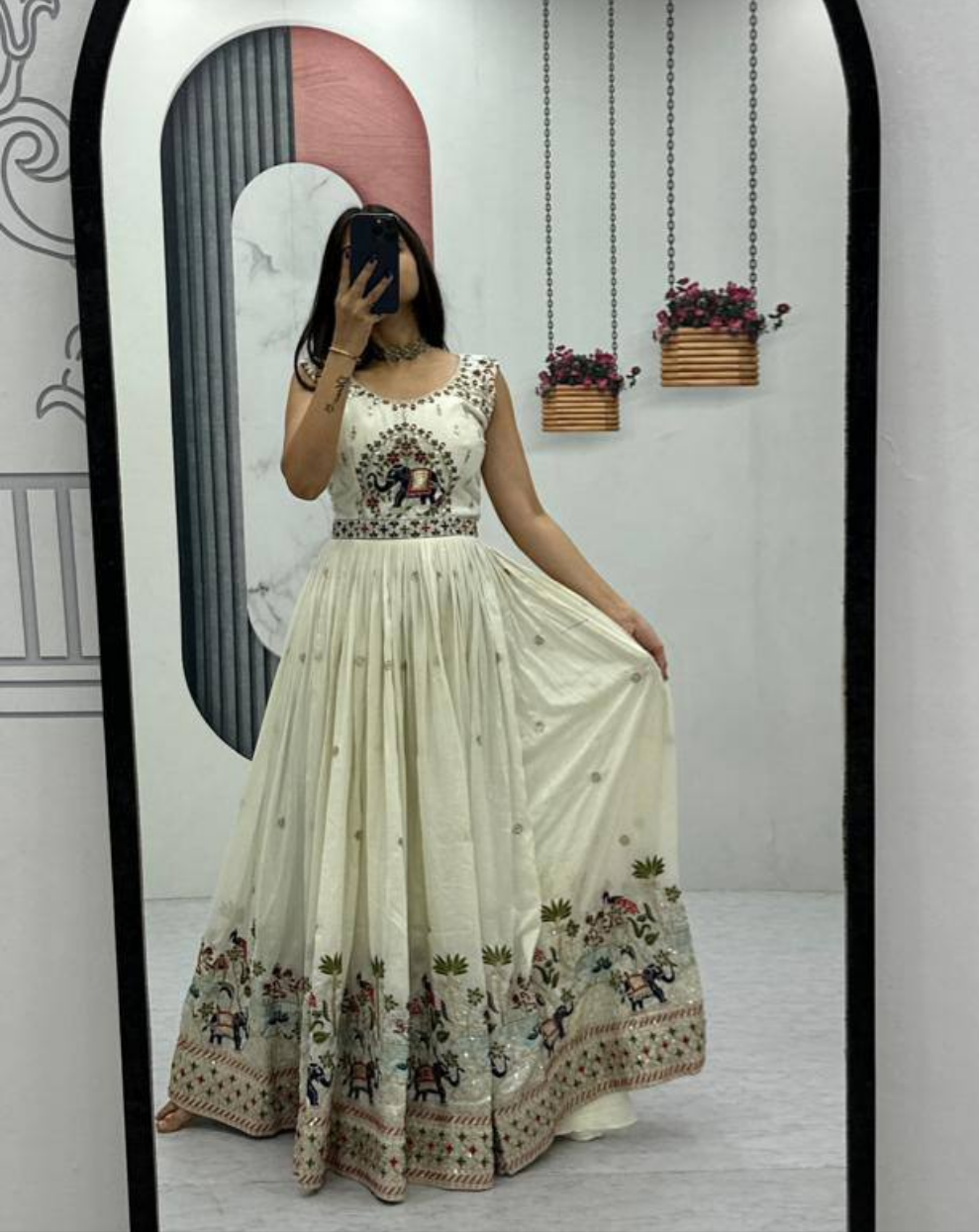 Off-white chinon embroidered designer gown with dupatta