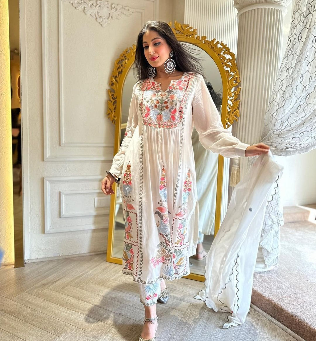 Sandhya white cotton embroidered Pakistani suit set